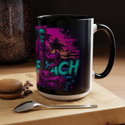 Lifes A Beach Neon Retro Skull Beach Accent Coffee Mug 16oz - Savage Operators Tactical Tee | Mug | Savage Operators Clothing | Patriotic Apparel | Military Humor | High Quality 15oz