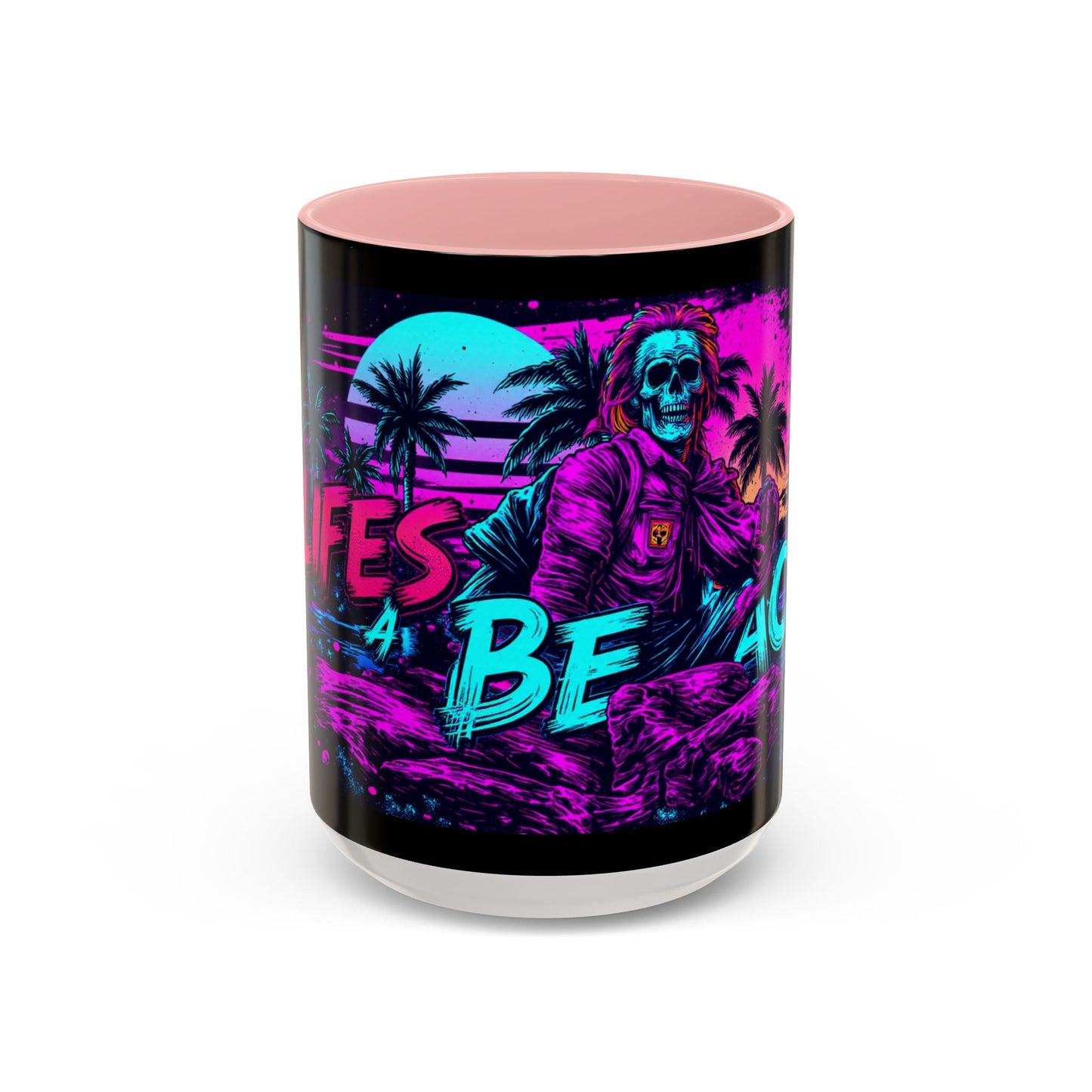 Lifes A Beach Neon Retro Skull Beach Accent Coffee Mug 16oz - Savage Operators Tactical Tee | Mug | Savage Operators Clothing | Patriotic Apparel | Military Humor | High Quality 15oz