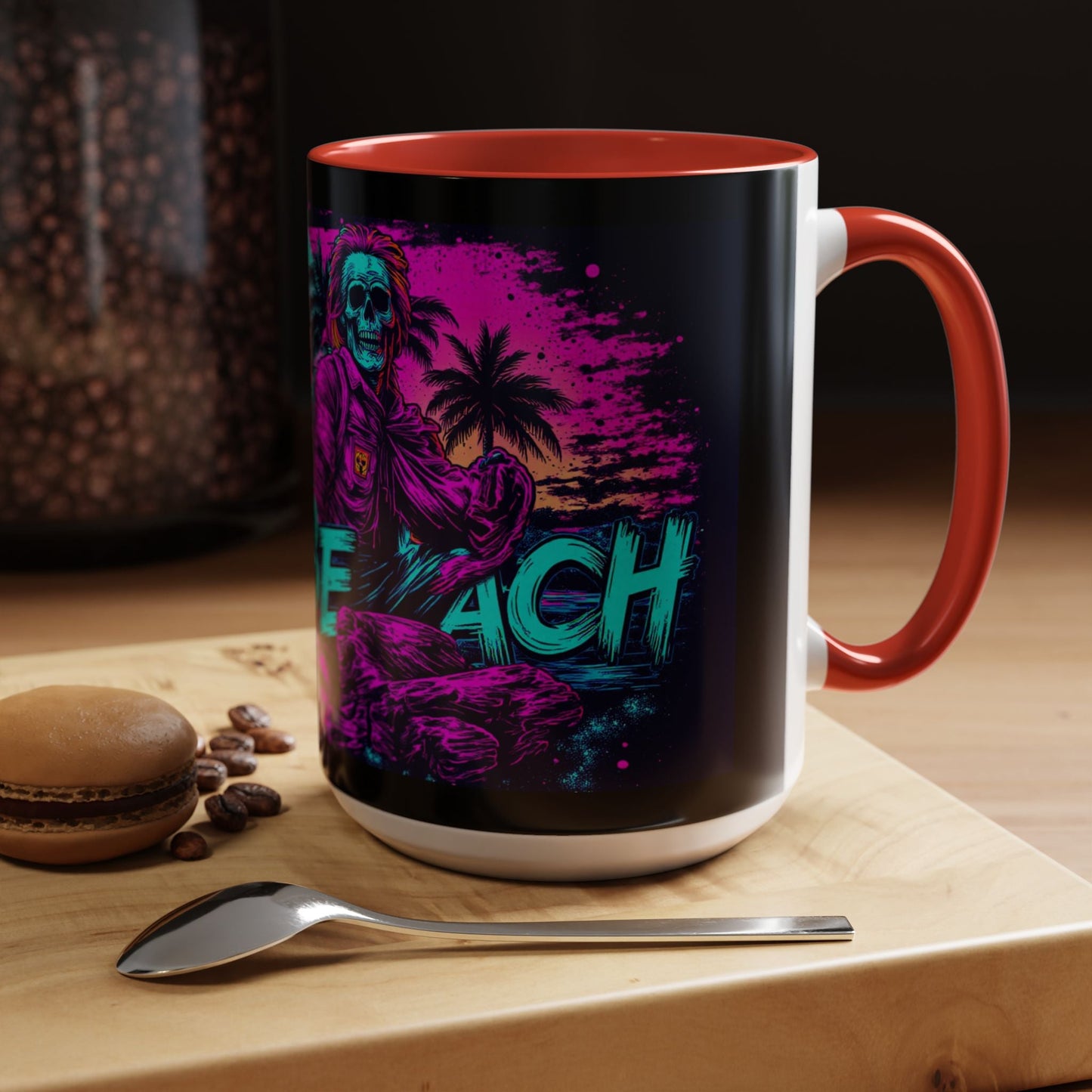 Lifes A Beach Neon Retro Skull Beach Accent Coffee Mug 16oz - Savage Operators Tactical Tee | Mug | Savage Operators Clothing | Patriotic Apparel | Military Humor | High Quality 15oz
