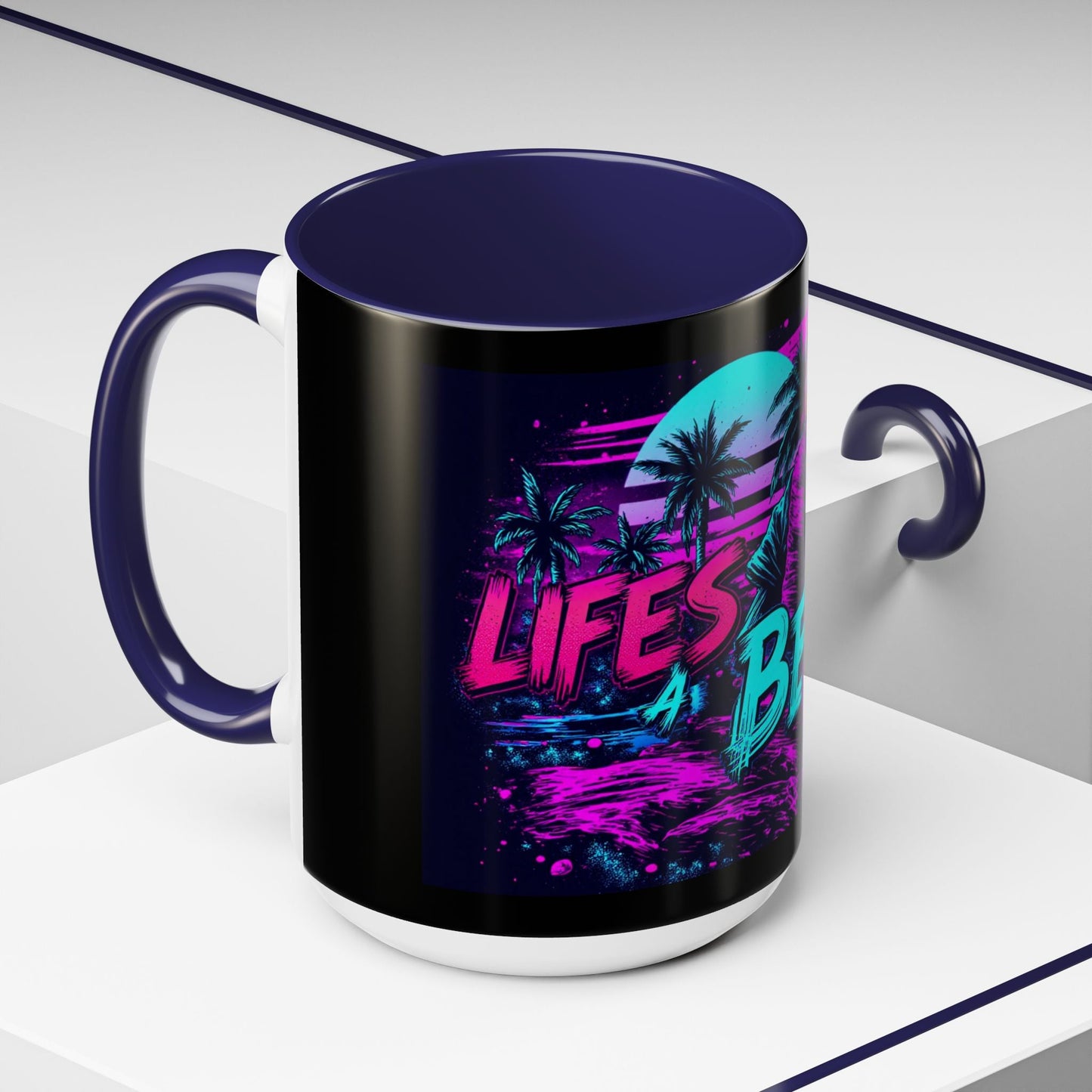 Lifes A Beach Neon Retro Skull Beach Accent Coffee Mug 16oz - Savage Operators Tactical Tee | Mug | Savage Operators Clothing | Patriotic Apparel | Military Humor | High Quality 15oz
