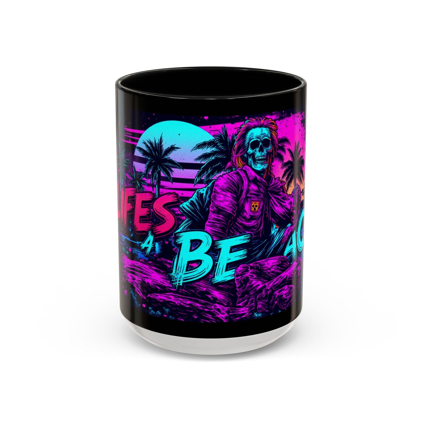Lifes A Beach Neon Retro Skull Beach Accent Coffee Mug 16oz - Savage Operators Tactical Tee | Mug | Savage Operators Clothing | Patriotic Apparel | Military Humor | High Quality 15oz