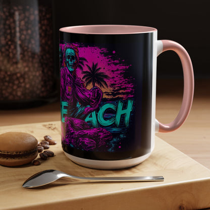 Lifes A Beach Neon Retro Skull Beach Accent Coffee Mug 16oz - Savage Operators Tactical Tee | Mug | Savage Operators Clothing | Patriotic Apparel | Military Humor | High Quality 15oz