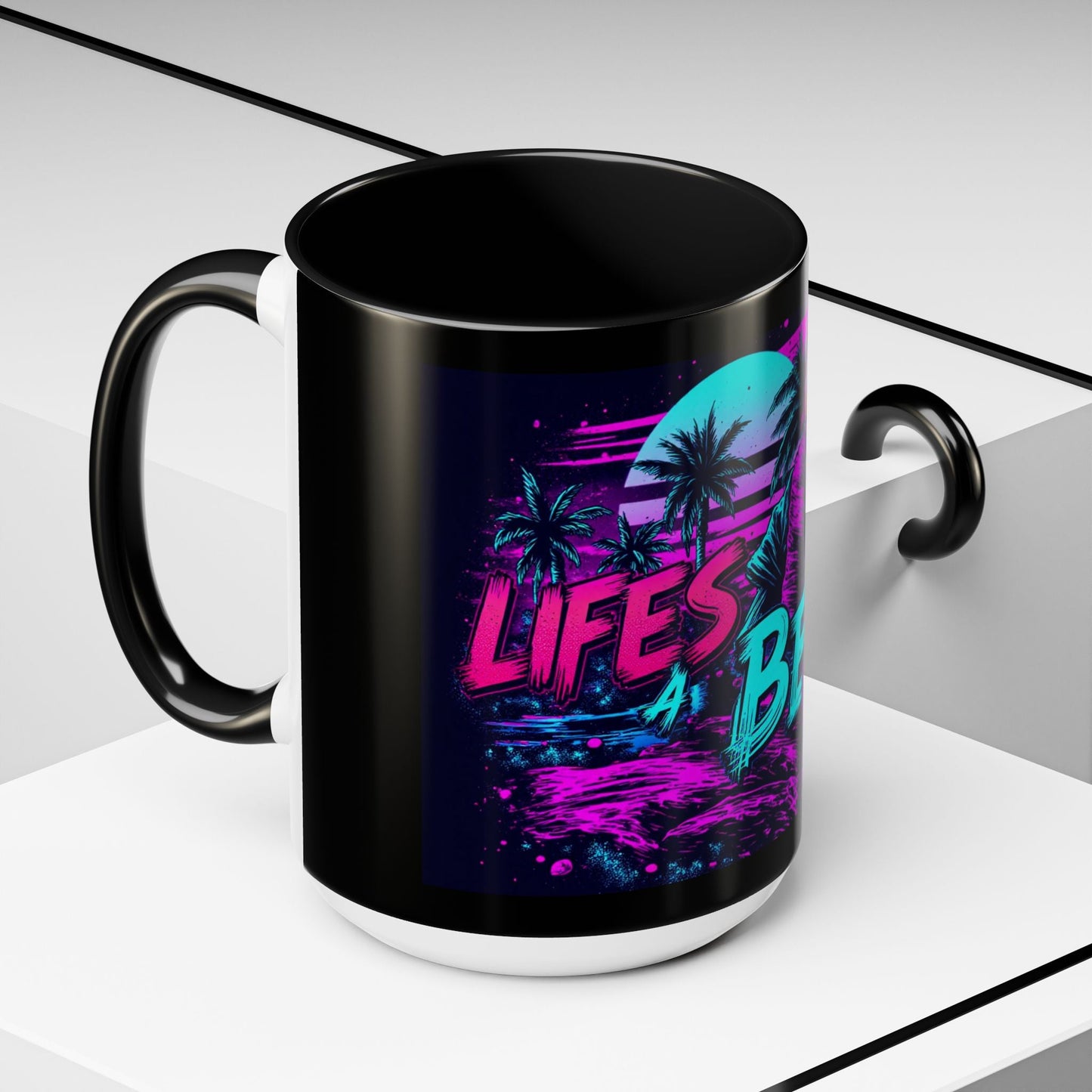 Lifes A Beach Neon Retro Skull Beach Accent Coffee Mug 16oz - Savage Operators Tactical Tee | Mug | Savage Operators Clothing | Patriotic Apparel | Military Humor | High Quality 15oz