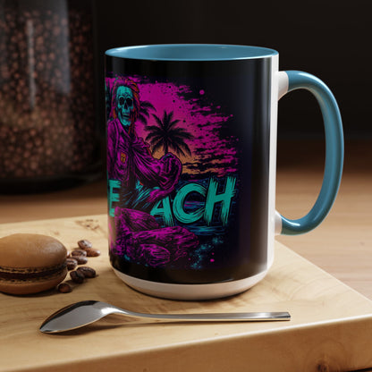 Lifes A Beach Neon Retro Skull Beach Accent Coffee Mug 16oz - Savage Operators Tactical Tee | Mug | Savage Operators Clothing | Patriotic Apparel | Military Humor | High Quality 15oz