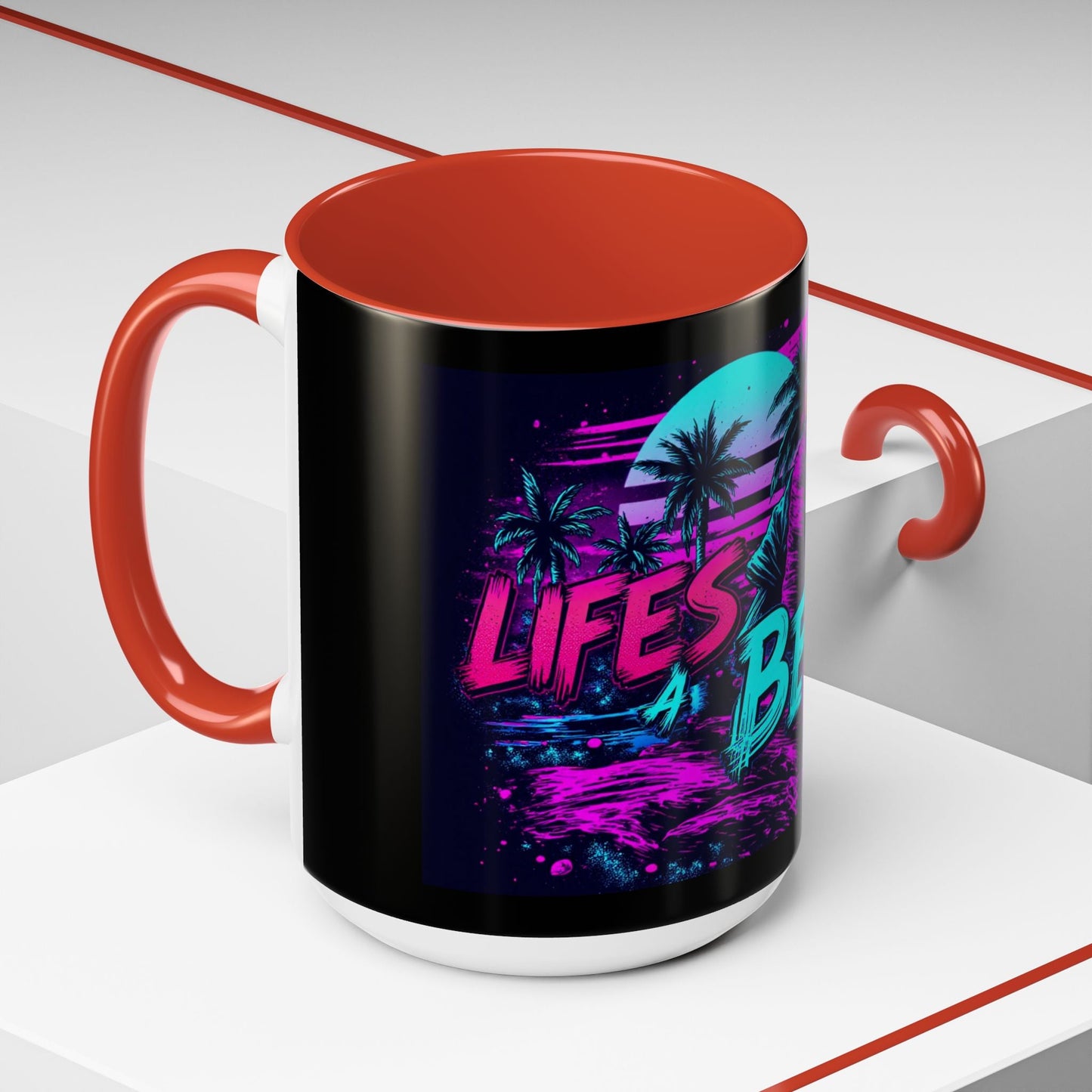 Lifes A Beach Neon Retro Skull Beach Accent Coffee Mug 16oz - Savage Operators Tactical Tee | Mug | Savage Operators Clothing | Patriotic Apparel | Military Humor | High Quality 15oz