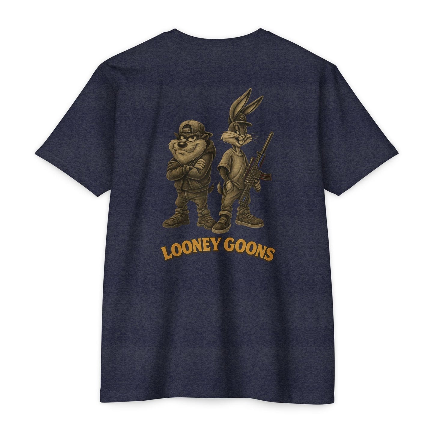Looney Goons Back Print Parody Shirt | Streetwear Chest Logo Tee for Dark Humor Fans - Savage Operators Tactical Tee | T-Shirt | Savage Operators Clothing | Patriotic Apparel | Military Humor | High Quality CVC Midnight Navy