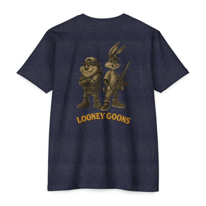 Looney Goons Back Print Parody Shirt | Streetwear Chest Logo Tee for Dark Humor Fans - Savage Operators Tactical Tee | T-Shirt | Savage Operators Clothing | Patriotic Apparel | Military Humor | High Quality CVC Midnight Navy