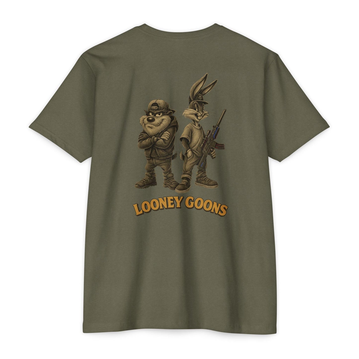 Looney Goons Back Print Parody Shirt | Streetwear Chest Logo Tee for Dark Humor Fans - Savage Operators Tactical Tee | T-Shirt | Savage Operators Clothing | Patriotic Apparel | Military Humor | High Quality CVC Military Green