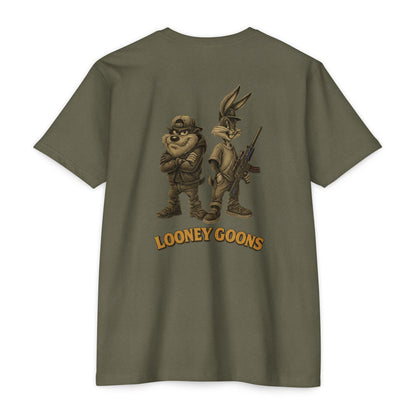 Looney Goons Back Print Parody Shirt | Streetwear Chest Logo Tee for Dark Humor Fans - Savage Operators Tactical Tee | T-Shirt | Savage Operators Clothing | Patriotic Apparel | Military Humor | High Quality CVC Military Green