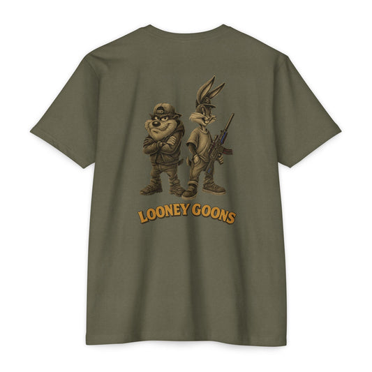 Looney Goons Back Print Parody Shirt | Streetwear Chest Logo Tee for Dark Humor Fans - Savage Operators Tactical Tee | T-Shirt | Savage Operators Clothing | Patriotic Apparel | Military Humor | High Quality CVC Military Green
