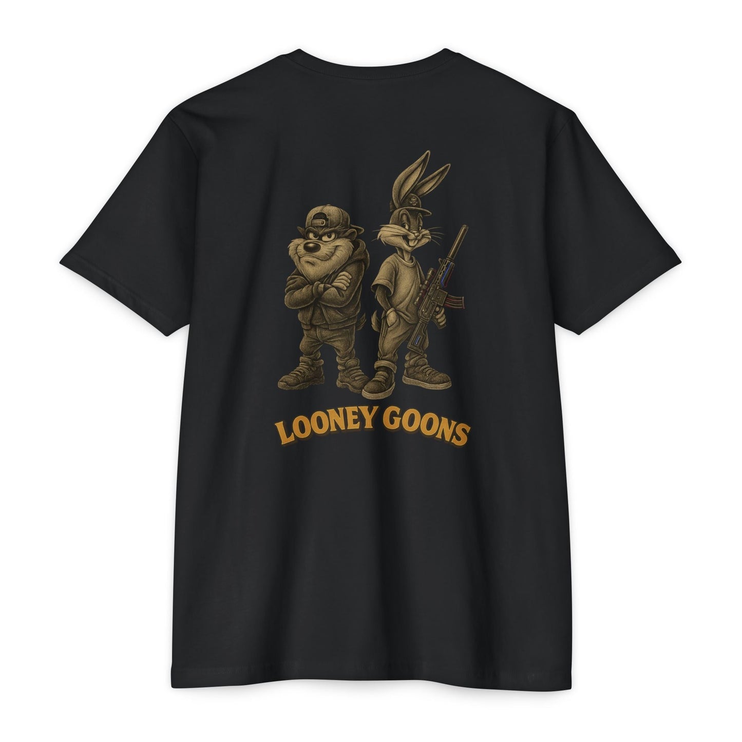 Looney Goons Back Print Parody Shirt | Streetwear Chest Logo Tee for Dark Humor Fans - Savage Operators Tactical Tee | T-Shirt | Savage Operators Clothing | Patriotic Apparel | Military Humor | High Quality CVC Black