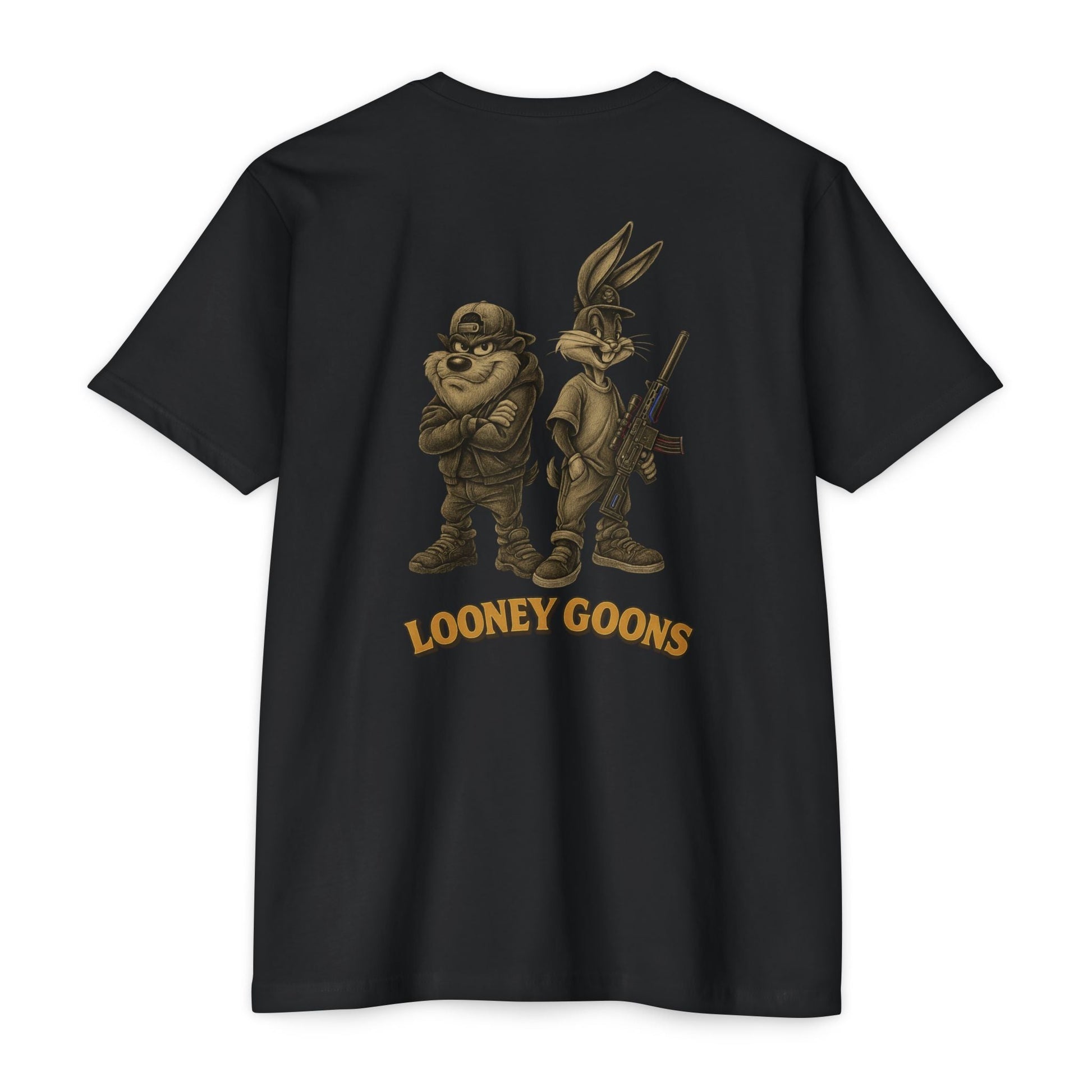 Looney Goons Back Print Parody Shirt | Streetwear Chest Logo Tee for Dark Humor Fans - Savage Operators Tactical Tee | T-Shirt | Savage Operators Clothing | Patriotic Apparel | Military Humor | High Quality CVC Black