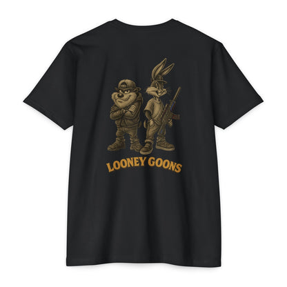 Looney Goons Back Print Parody Shirt | Streetwear Chest Logo Tee for Dark Humor Fans - Savage Operators Tactical Tee | T-Shirt | Savage Operators Clothing | Patriotic Apparel | Military Humor | High Quality CVC Black