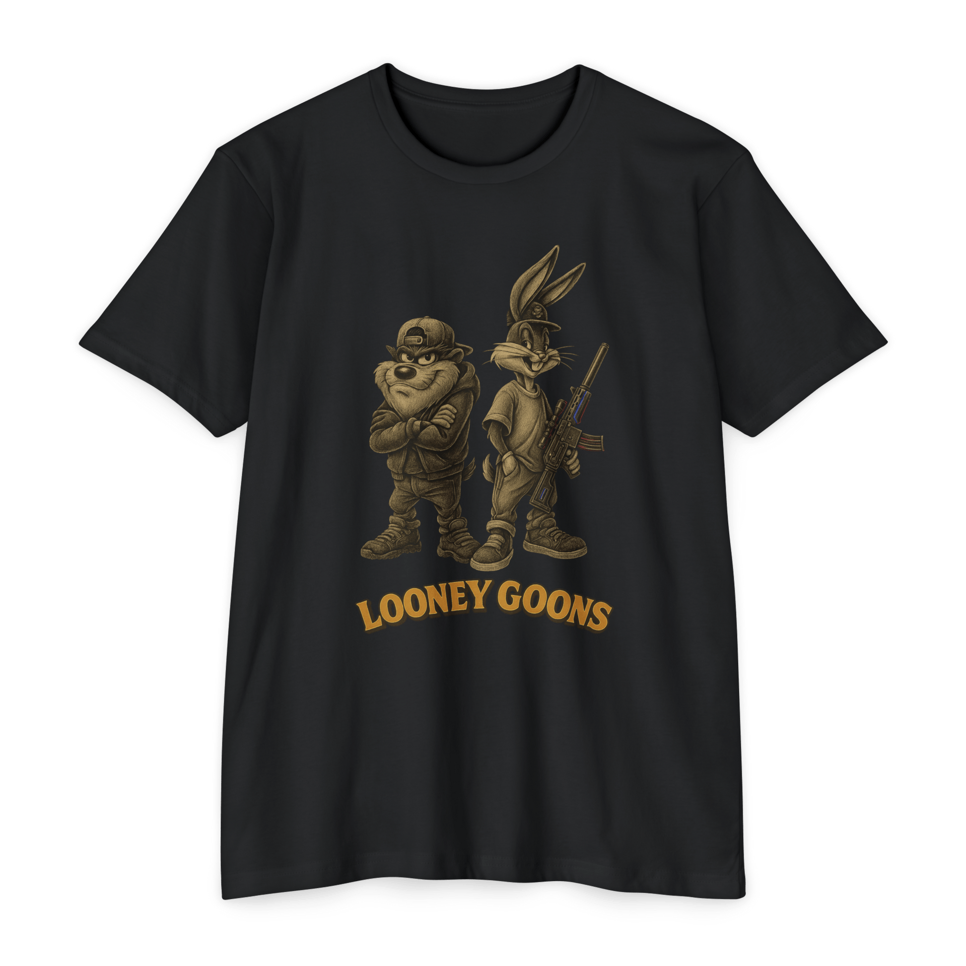 Looney Goons Parody Shirt | Dark Humor Cartoon Satire Tee for Bikers & Gun Owners - Savage Operators Tactical Tee | T-Shirt | Savage Operators Clothing | Patriotic Apparel | Military Humor | High Quality CVC Military Green