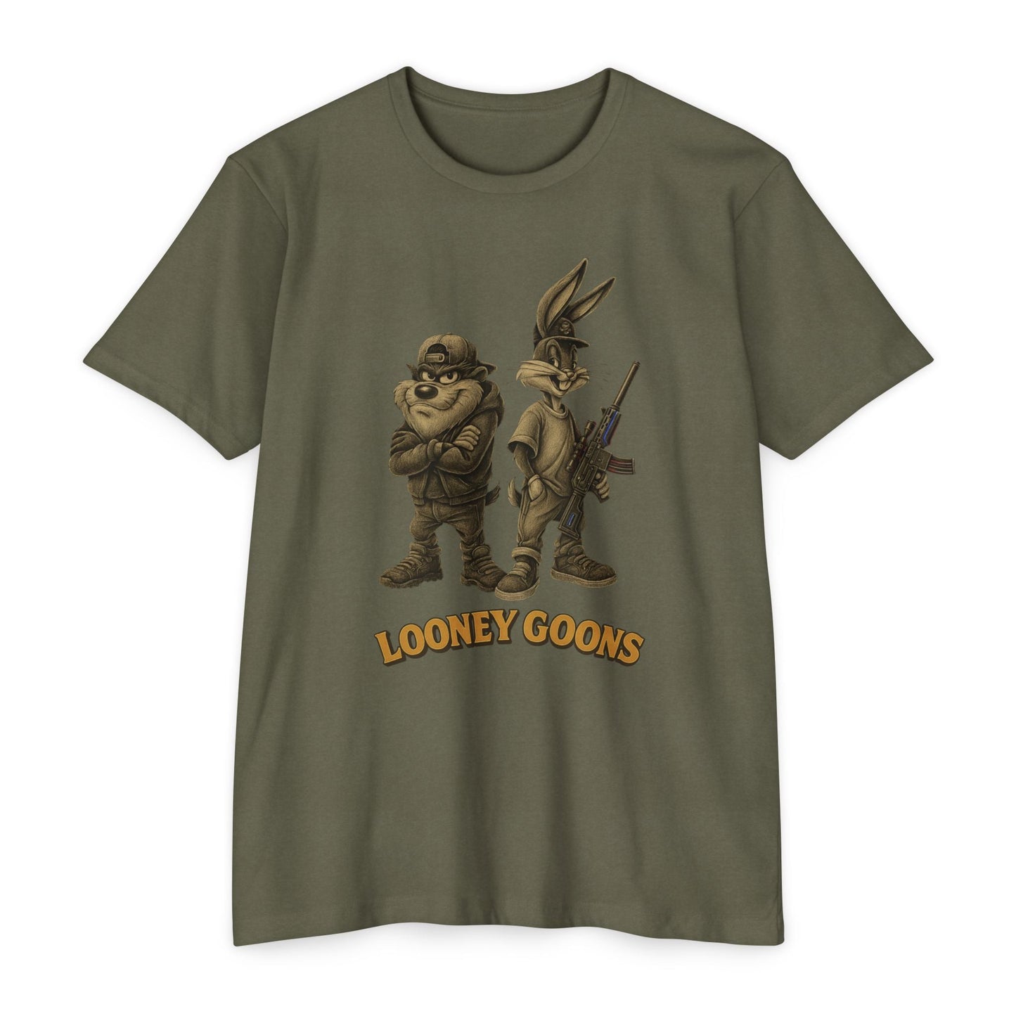 Looney Goons Parody Shirt | Dark Humor Cartoon Satire Tee for Bikers & Gun Owners - Savage Operators Tactical Tee | T-Shirt | Savage Operators Clothing | Patriotic Apparel | Military Humor | High Quality CVC Military Green