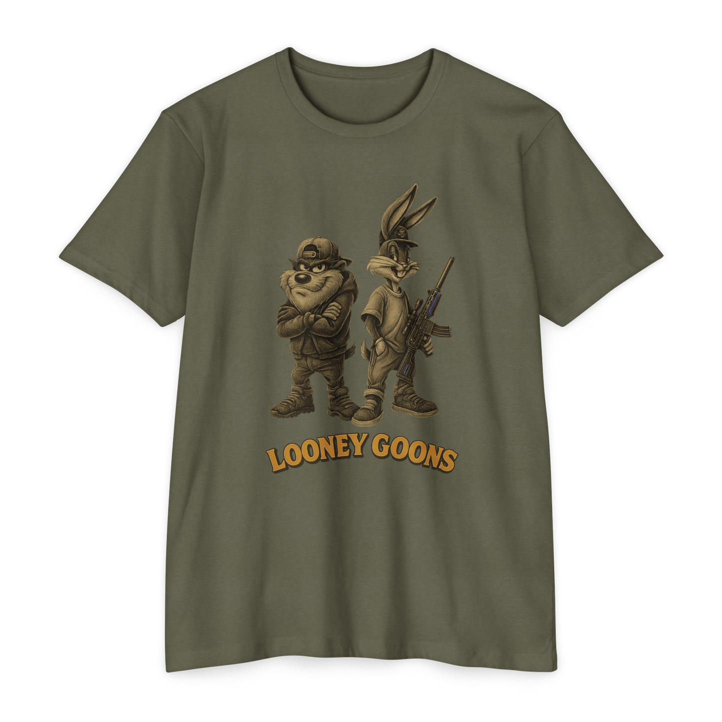 Looney Goons Parody Shirt | Dark Humor Cartoon Satire Tee for Bikers & Gun Owners - Savage Operators Tactical Tee | T-Shirt | Savage Operators Clothing | Patriotic Apparel | Military Humor | High Quality CVC Military Green
