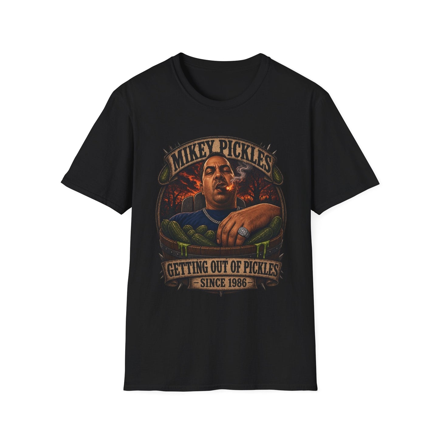 Mikey Pickles Graphic T-Shirt — "Getting Out of Pickles" Vintage-Style Tee - Savage Operators Tactical Tee | T-Shirt | Savage Operators Clothing | Patriotic Apparel | Military Humor | High Quality Black