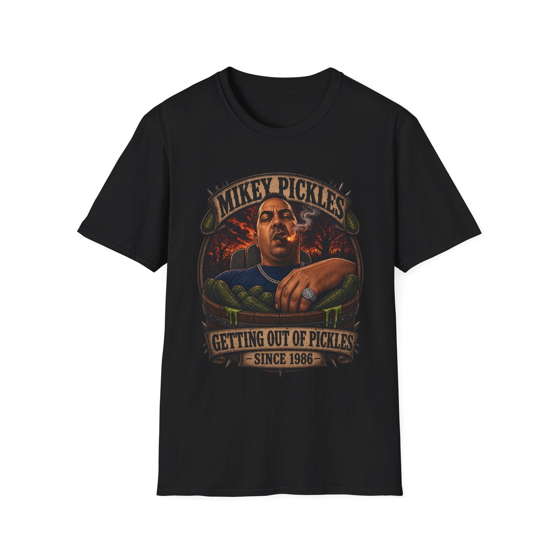 Mikey Pickles Graphic T-Shirt — "Getting Out of Pickles" Vintage-Style Tee - Savage Operators Tactical Tee | T-Shirt | Savage Operators Clothing | Patriotic Apparel | Military Humor | High Quality Black