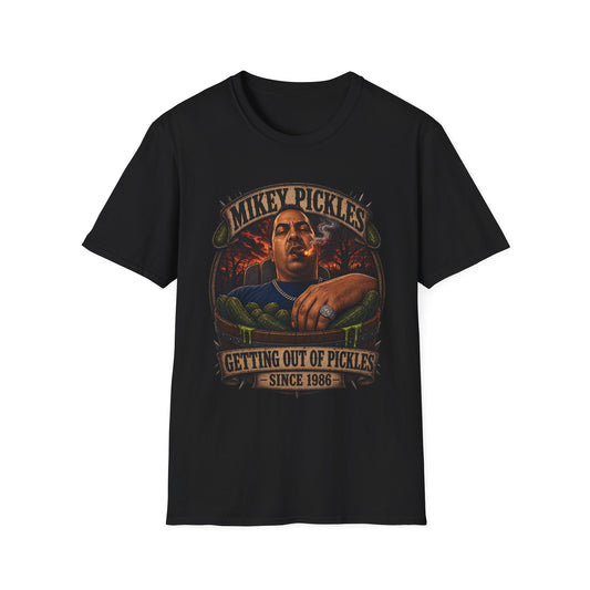 Mikey Pickles Graphic T-Shirt — "Getting Out of Pickles" Vintage-Style Tee - Savage Operators Tactical Tee | T-Shirt | Savage Operators Clothing | Patriotic Apparel | Military Humor | High Quality Black