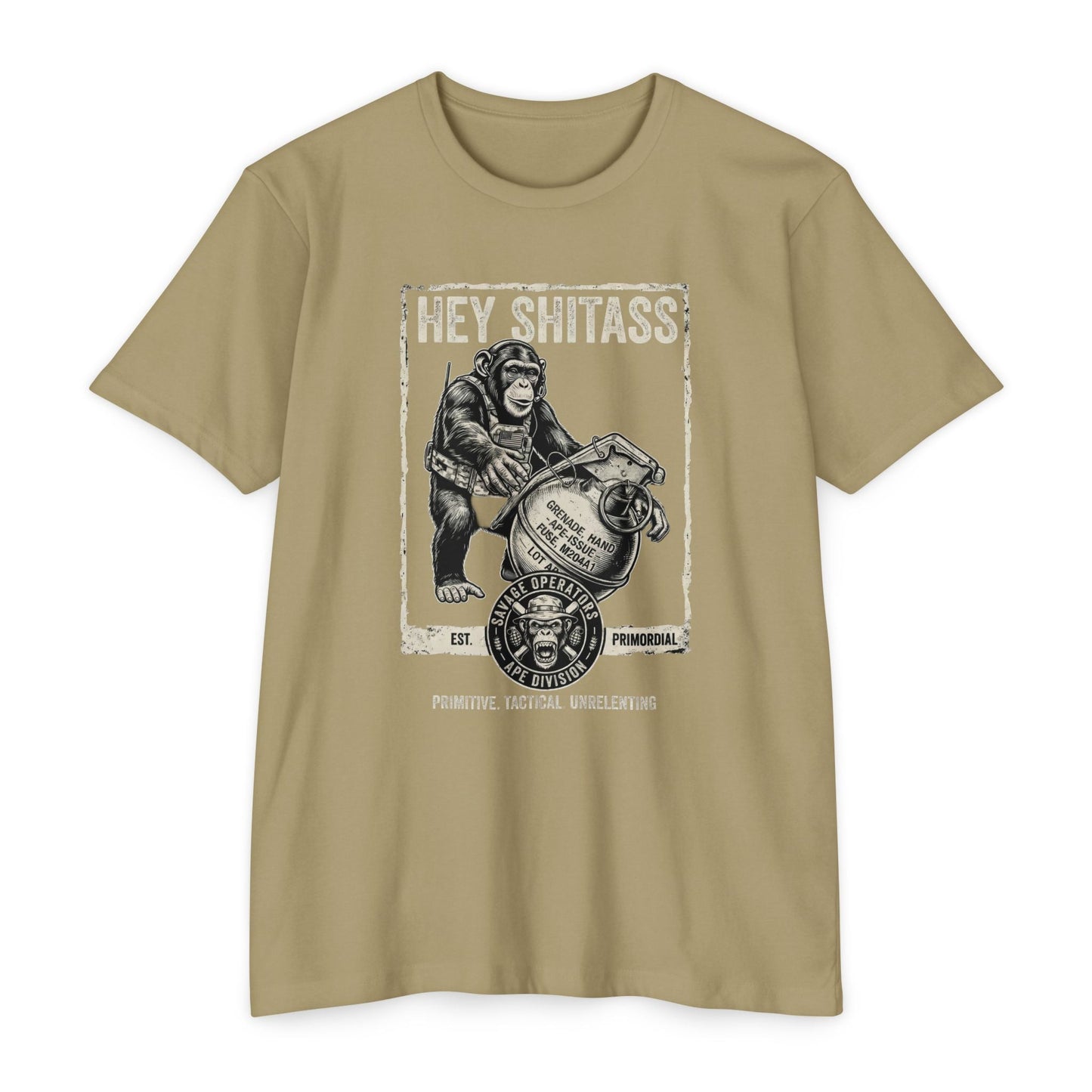Monkey Grenade Military Humor T-Shirt — Vintage Chimp Graphic Tee Variant 1 - Savage Operators Tactical Tee | T-Shirt | Savage Operators Clothing | Patriotic Apparel | Military Humor | High Quality CVC Light Olive