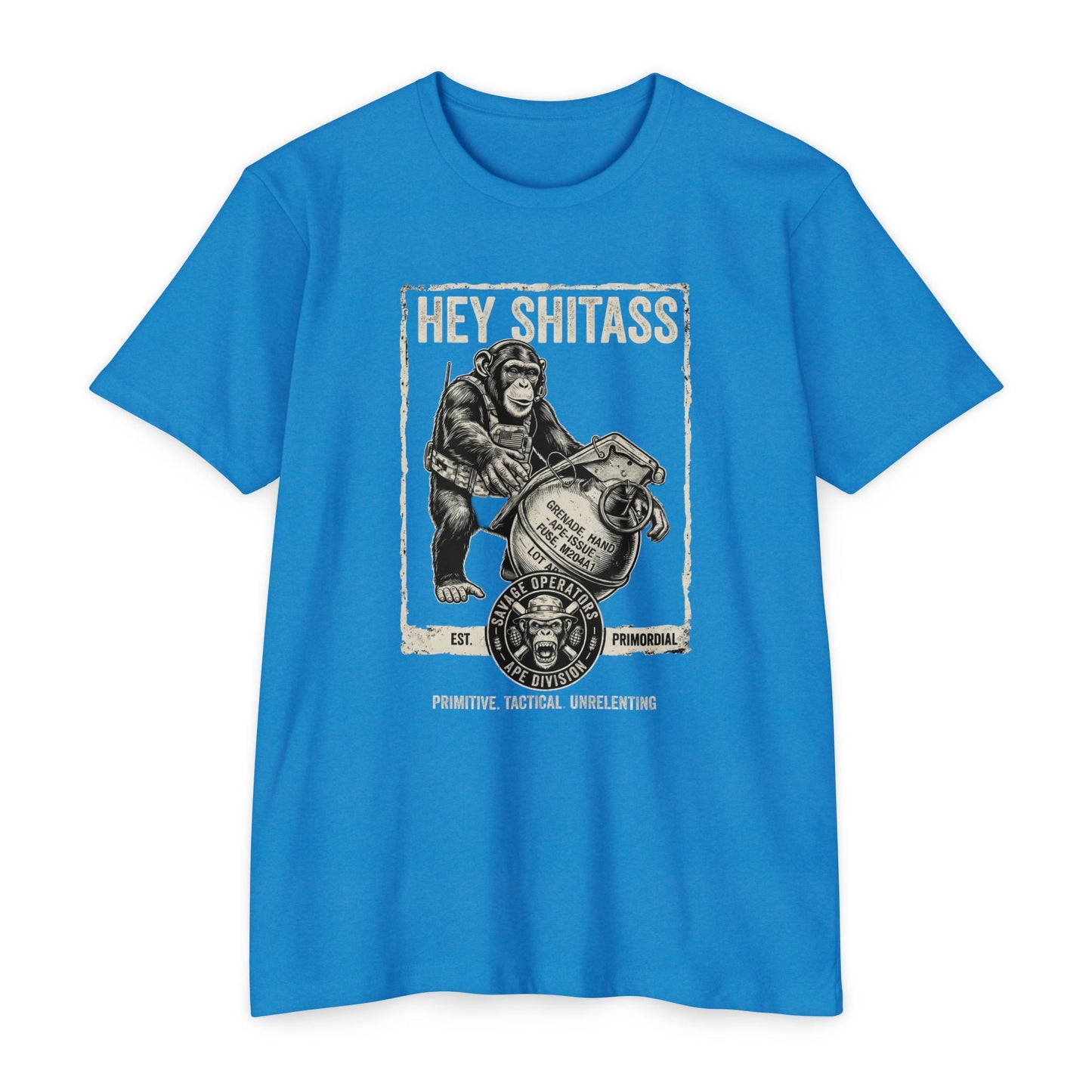 Monkey Grenade Military Humor T-Shirt — Vintage Chimp Graphic Tee Variant 1 - Savage Operators Tactical Tee | T-Shirt | Savage Operators Clothing | Patriotic Apparel | Military Humor | High Quality CVC Turquoise