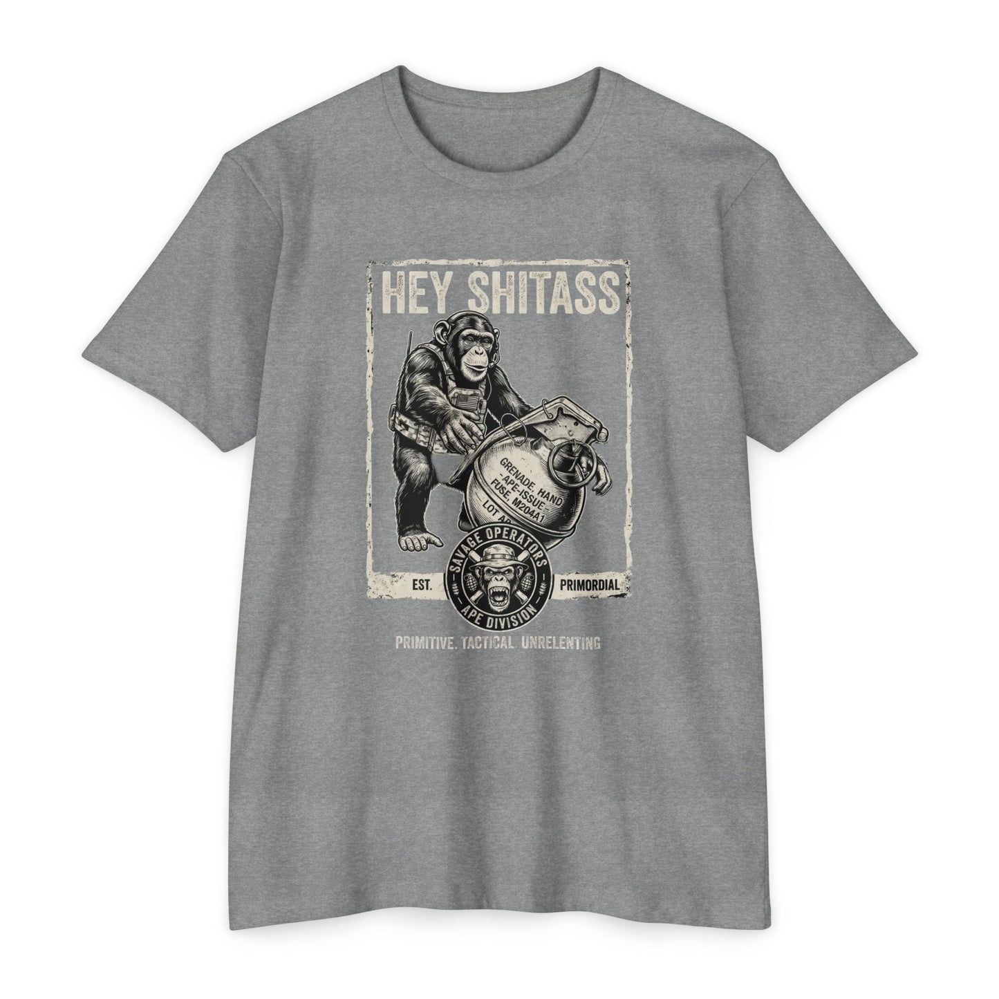 Monkey Grenade Military Humor T-Shirt — Vintage Chimp Graphic Tee Variant 1 - Savage Operators Tactical Tee | T-Shirt | Savage Operators Clothing | Patriotic Apparel | Military Humor | High Quality Dark Heather Grey