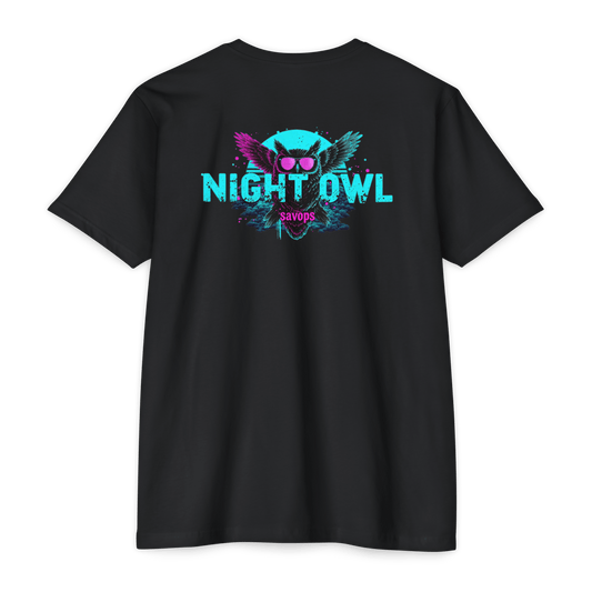 Night Owl Tactical Tee – Neon Owl Back Print | Savage Operators - Savage Operators Tactical Tee | T-Shirt | Savage Operators Clothing | Patriotic Apparel | Military Humor | High Quality CVC Black