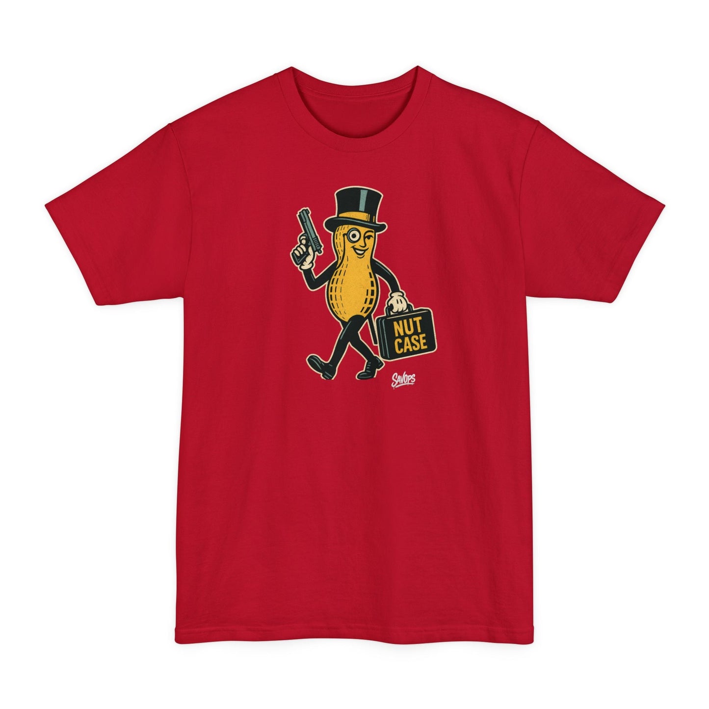 Nut Case Peanut Character T‑Shirt — Funny Vintage Peanut with Briefcase & Top Hat XLT - Savage Operators Tactical Tee | T-Shirt | Savage Operators Clothing | Patriotic Apparel | Military Humor | High Quality Deep Red