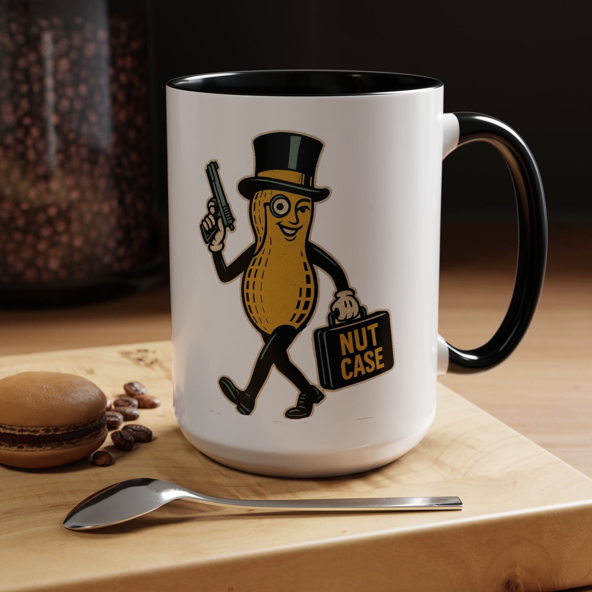 Nutcase Peanut Character Accent Coffee Mug — Funny Vintage Peanut with Top Hat & 'Nut Case' Briefcase 16oz - Savage Operators Tactical Tee | Mug | Savage Operators Clothing | Patriotic Apparel | Military Humor | High Quality 15oz