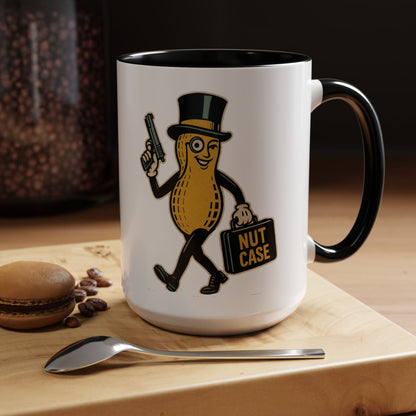 Nutcase Peanut Character Accent Coffee Mug — Funny Vintage Peanut with Top Hat & 'Nut Case' Briefcase 16oz - Savage Operators Tactical Tee | Mug | Savage Operators Clothing | Patriotic Apparel | Military Humor | High Quality 15oz
