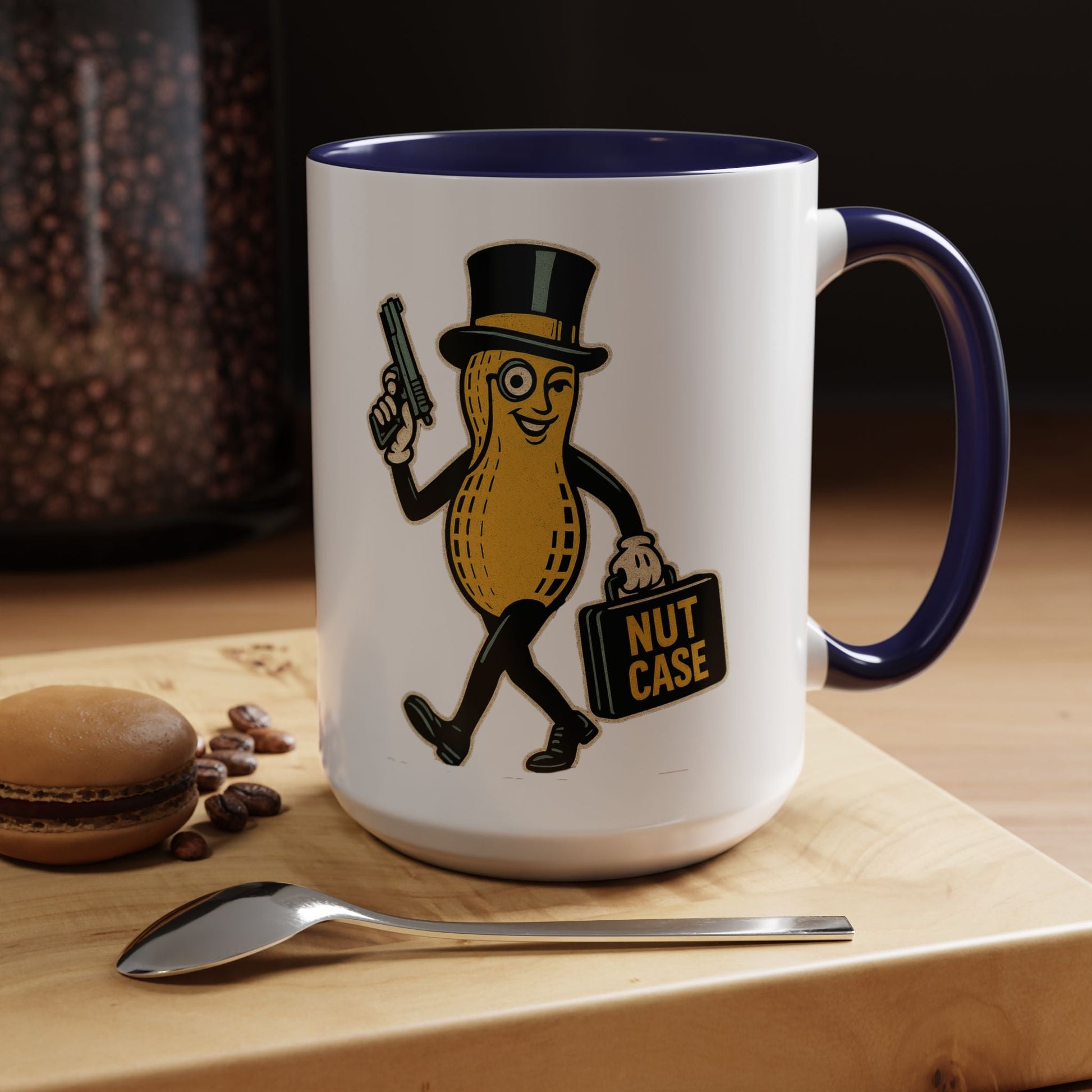 Nutcase Peanut Character Accent Coffee Mug — Funny Vintage Peanut with Top Hat & 'Nut Case' Briefcase 16oz - Savage Operators Tactical Tee | Mug | Savage Operators Clothing | Patriotic Apparel | Military Humor | High Quality 15oz