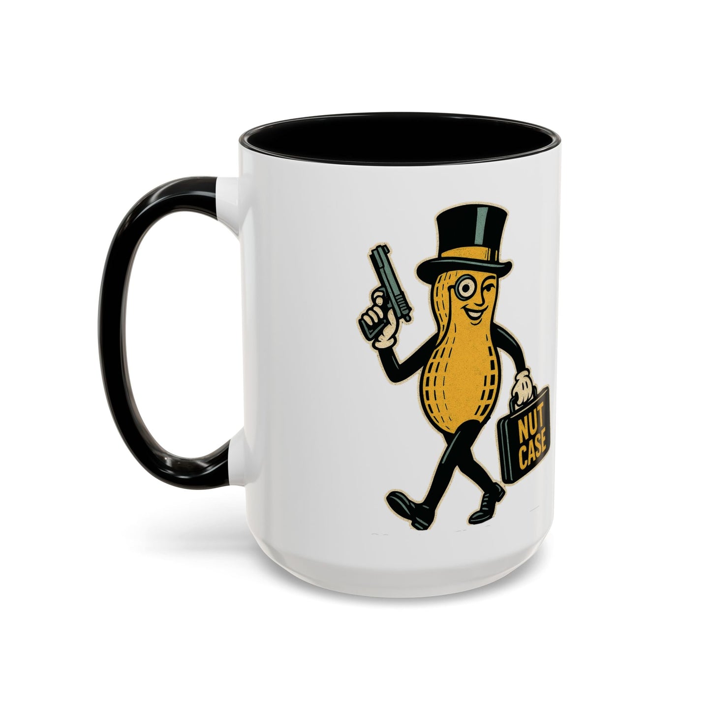 Nutcase Peanut Character Accent Coffee Mug — Funny Vintage Peanut with Top Hat & 'Nut Case' Briefcase 16oz - Savage Operators Tactical Tee | Mug | Savage Operators Clothing | Patriotic Apparel | Military Humor | High Quality 15oz