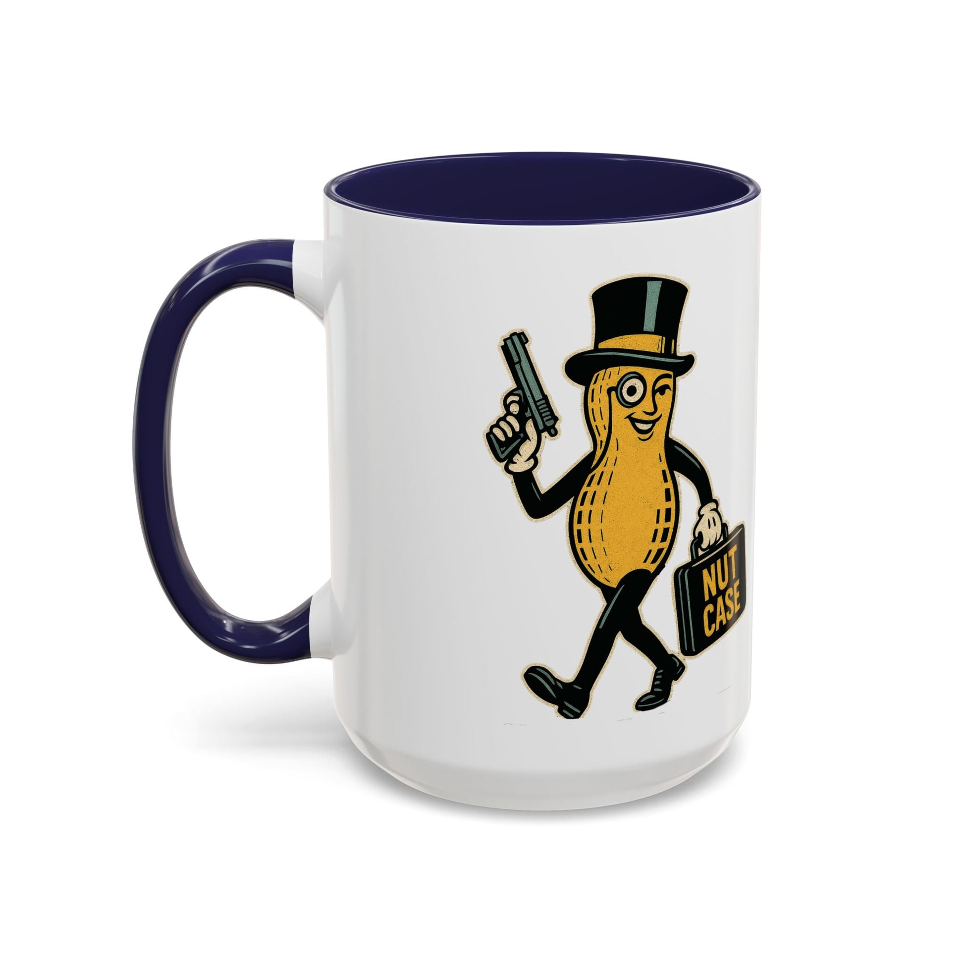 Nutcase Peanut Character Accent Coffee Mug — Funny Vintage Peanut with Top Hat & 'Nut Case' Briefcase 16oz - Savage Operators Tactical Tee | Mug | Savage Operators Clothing | Patriotic Apparel | Military Humor | High Quality 15oz