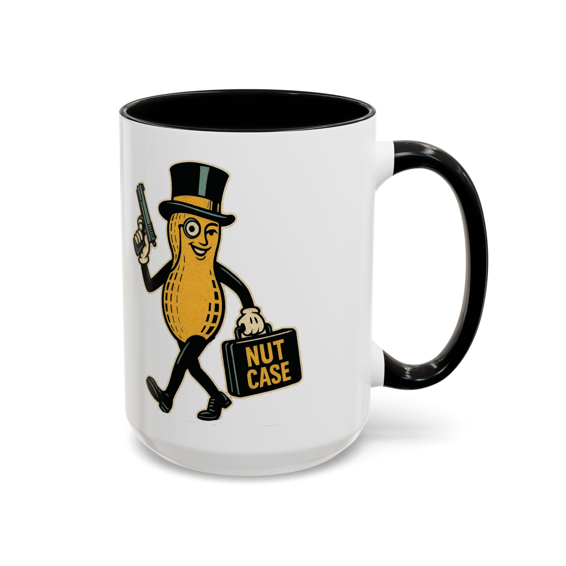 Nutcase Peanut Character Accent Coffee Mug — Funny Vintage Peanut with Top Hat & 'Nut Case' Briefcase 16oz - Savage Operators Tactical Tee | Mug | Savage Operators Clothing | Patriotic Apparel | Military Humor | High Quality 15oz