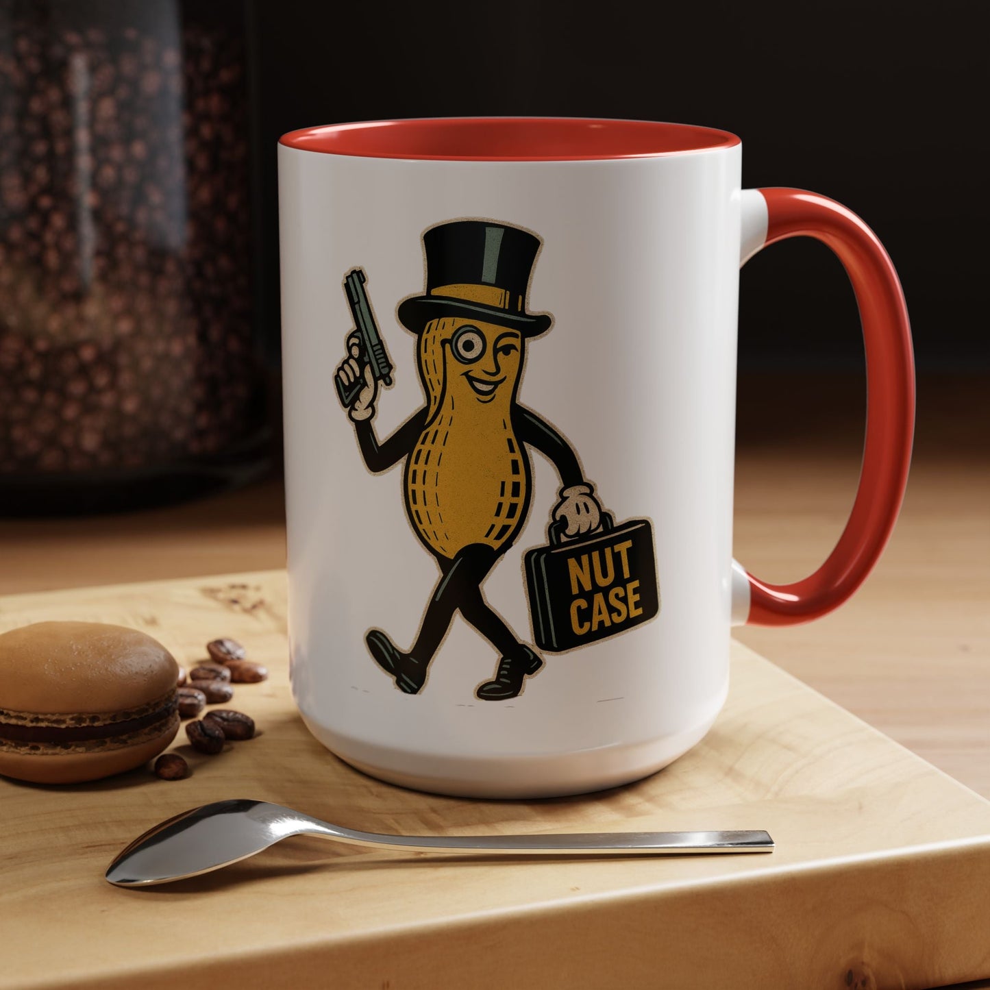 Nutcase Peanut Character Accent Coffee Mug — Funny Vintage Peanut with Top Hat & 'Nut Case' Briefcase 16oz - Savage Operators Tactical Tee | Mug | Savage Operators Clothing | Patriotic Apparel | Military Humor | High Quality 15oz