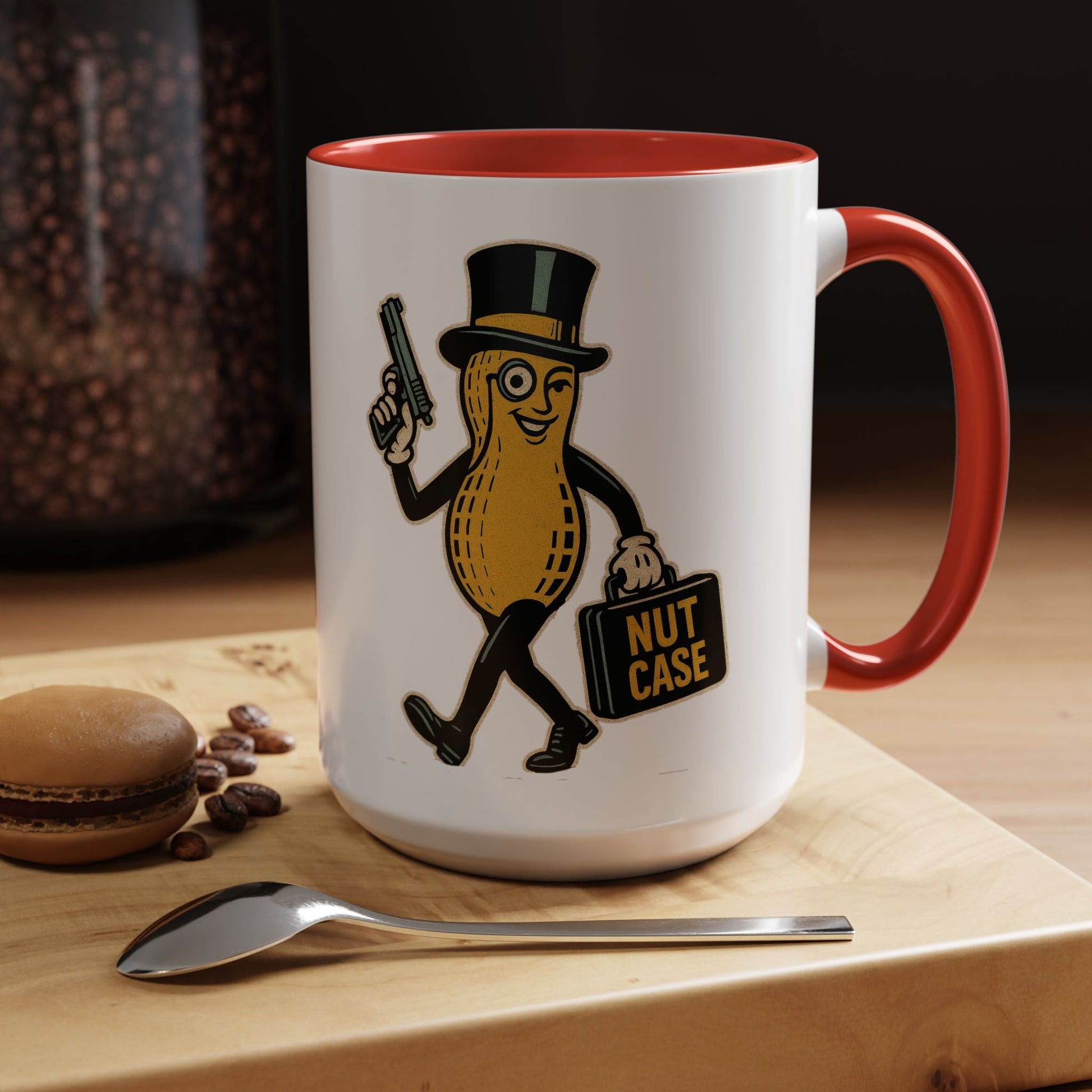 Nutcase Peanut Character Accent Coffee Mug — Funny Vintage Peanut with Top Hat & 'Nut Case' Briefcase 16oz - Savage Operators Tactical Tee | Mug | Savage Operators Clothing | Patriotic Apparel | Military Humor | High Quality 15oz