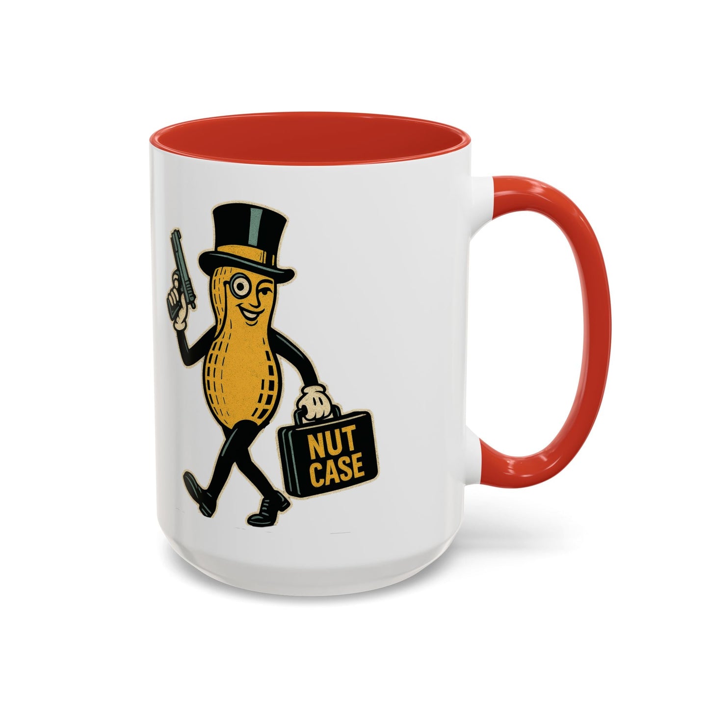 Nutcase Peanut Character Accent Coffee Mug — Funny Vintage Peanut with Top Hat & 'Nut Case' Briefcase 16oz - Savage Operators Tactical Tee | Mug | Savage Operators Clothing | Patriotic Apparel | Military Humor | High Quality 15oz