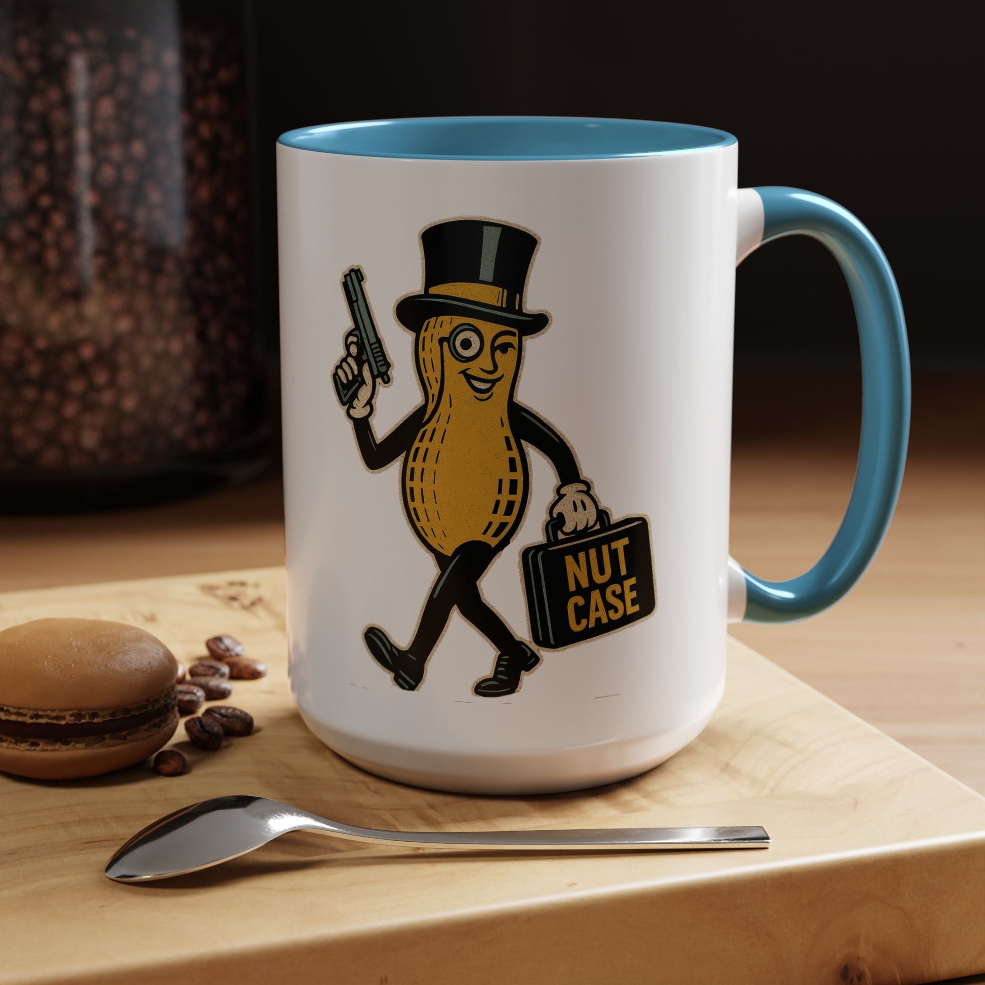 Nutcase Peanut Character Accent Coffee Mug — Funny Vintage Peanut with Top Hat & 'Nut Case' Briefcase 16oz - Savage Operators Tactical Tee | Mug | Savage Operators Clothing | Patriotic Apparel | Military Humor | High Quality 15oz
