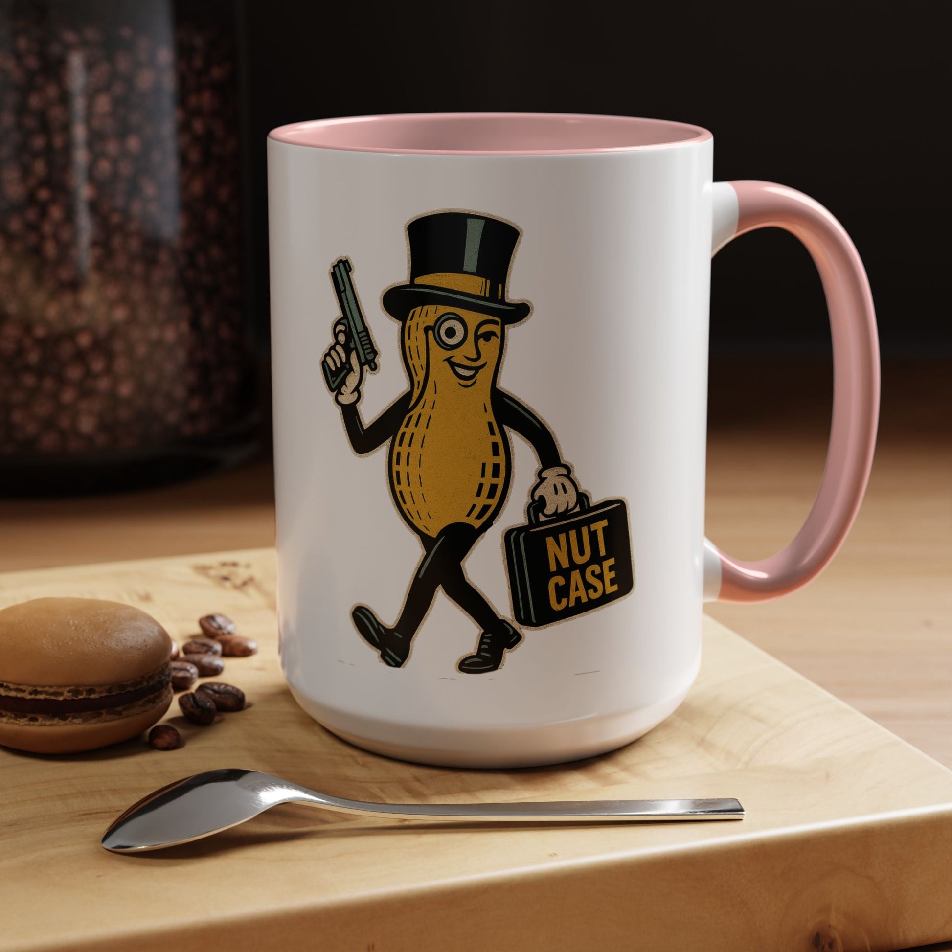 Nutcase Peanut Character Accent Coffee Mug — Funny Vintage Peanut with Top Hat & 'Nut Case' Briefcase 16oz - Savage Operators Tactical Tee | Mug | Savage Operators Clothing | Patriotic Apparel | Military Humor | High Quality 15oz