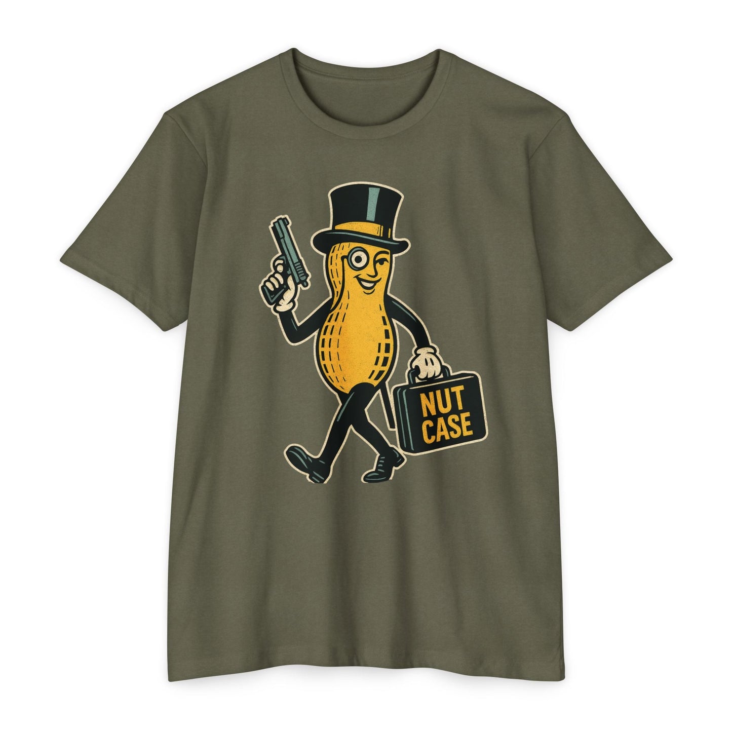 Nutcase Tactical Peanut T-Shirt – Funny SMG Parody Graphic Tee - Savage Operators Tactical Tee | T-Shirt | Savage Operators Clothing | Patriotic Apparel | Military Humor | High Quality CVC Military Green