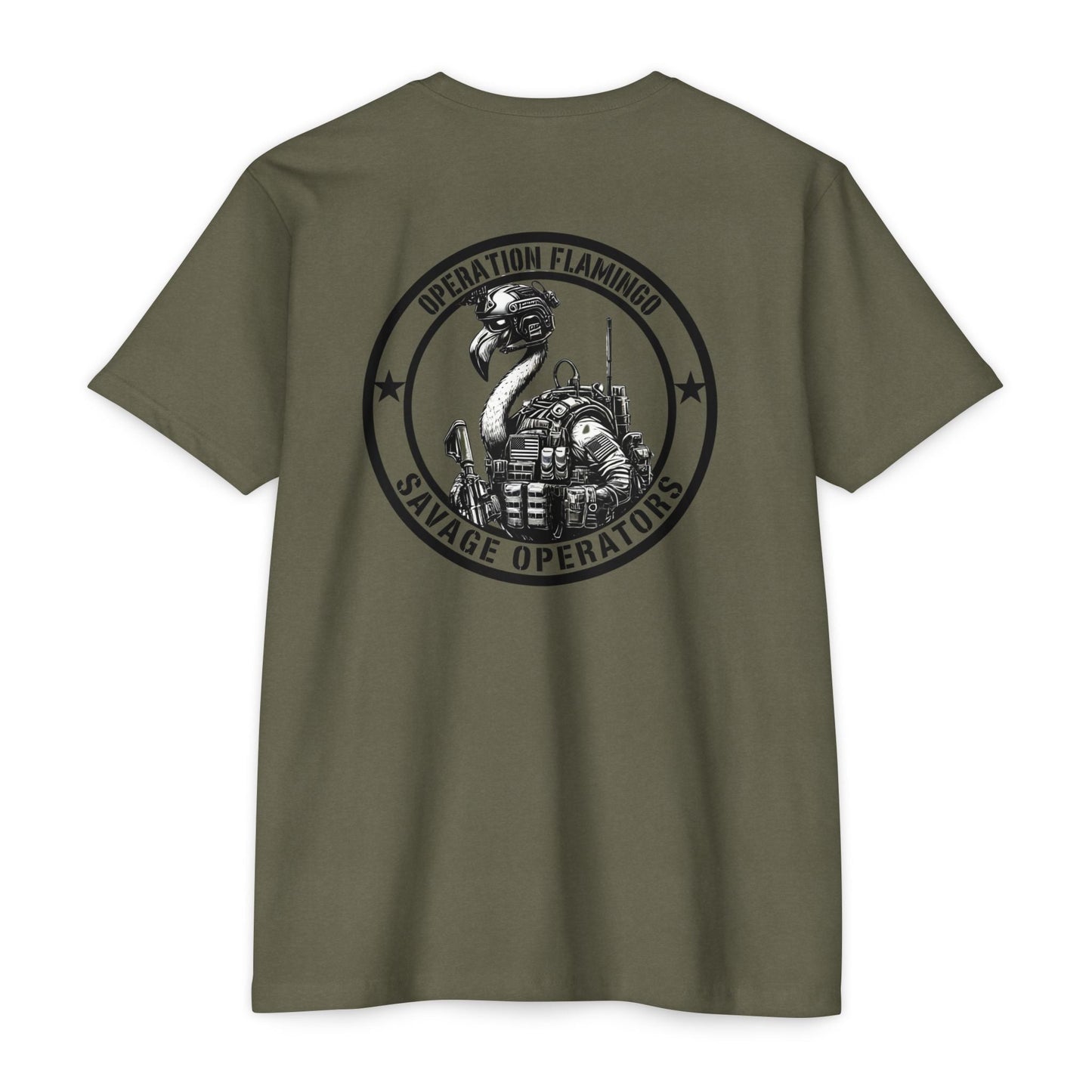 Operation Flamingo 'Savage Operators' Graphic T-Shirt Back Print - Savage Operators Tactical Tee | T-Shirt | Savage Operators Clothing | Patriotic Apparel | Military Humor | High Quality CVC Military Green