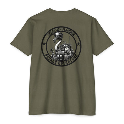 Operation Flamingo 'Savage Operators' Graphic T-Shirt Back Print - Savage Operators Tactical Tee | T-Shirt | Savage Operators Clothing | Patriotic Apparel | Military Humor | High Quality CVC Military Green