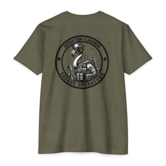 Operation Flamingo 'Savage Operators' Graphic T-Shirt Back Print - Savage Operators Tactical Tee | T-Shirt | Savage Operators Clothing | Patriotic Apparel | Military Humor | High Quality CVC Military Green