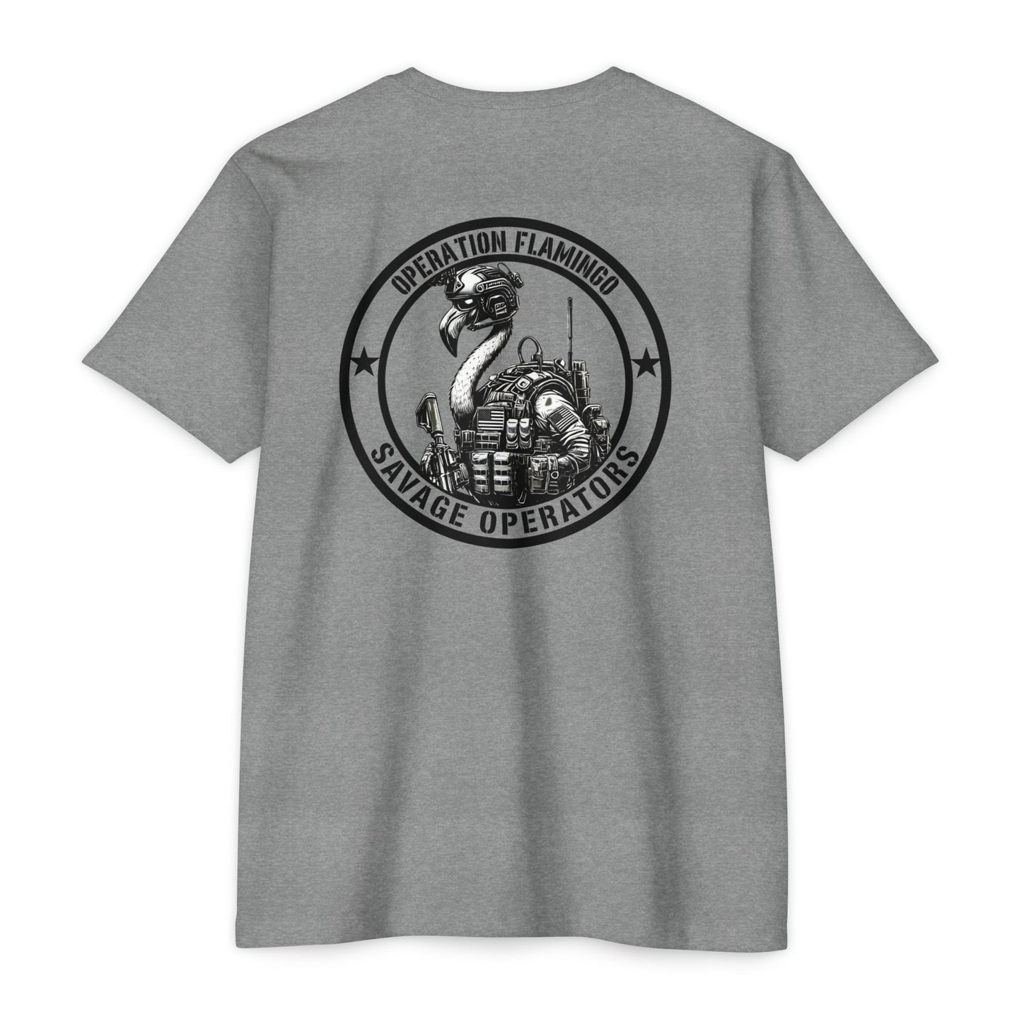 Operation Flamingo 'Savage Operators' Graphic T-Shirt Back Print - Savage Operators Tactical Tee | T-Shirt | Savage Operators Clothing | Patriotic Apparel | Military Humor | High Quality Dark Heather Grey