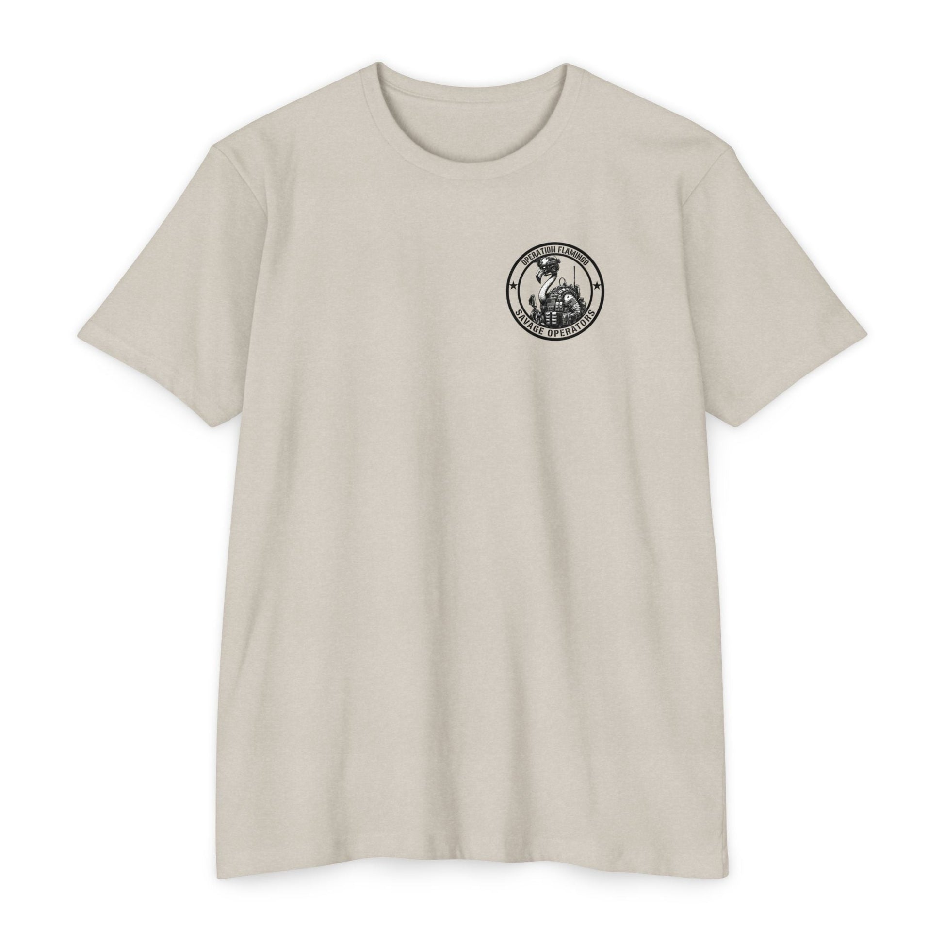 Operation Flamingo 'Savage Operators' Graphic T-Shirt Back Print - Savage Operators Tactical Tee | T-Shirt | Savage Operators Clothing | Patriotic Apparel | Military Humor | High Quality Dark Heather Grey