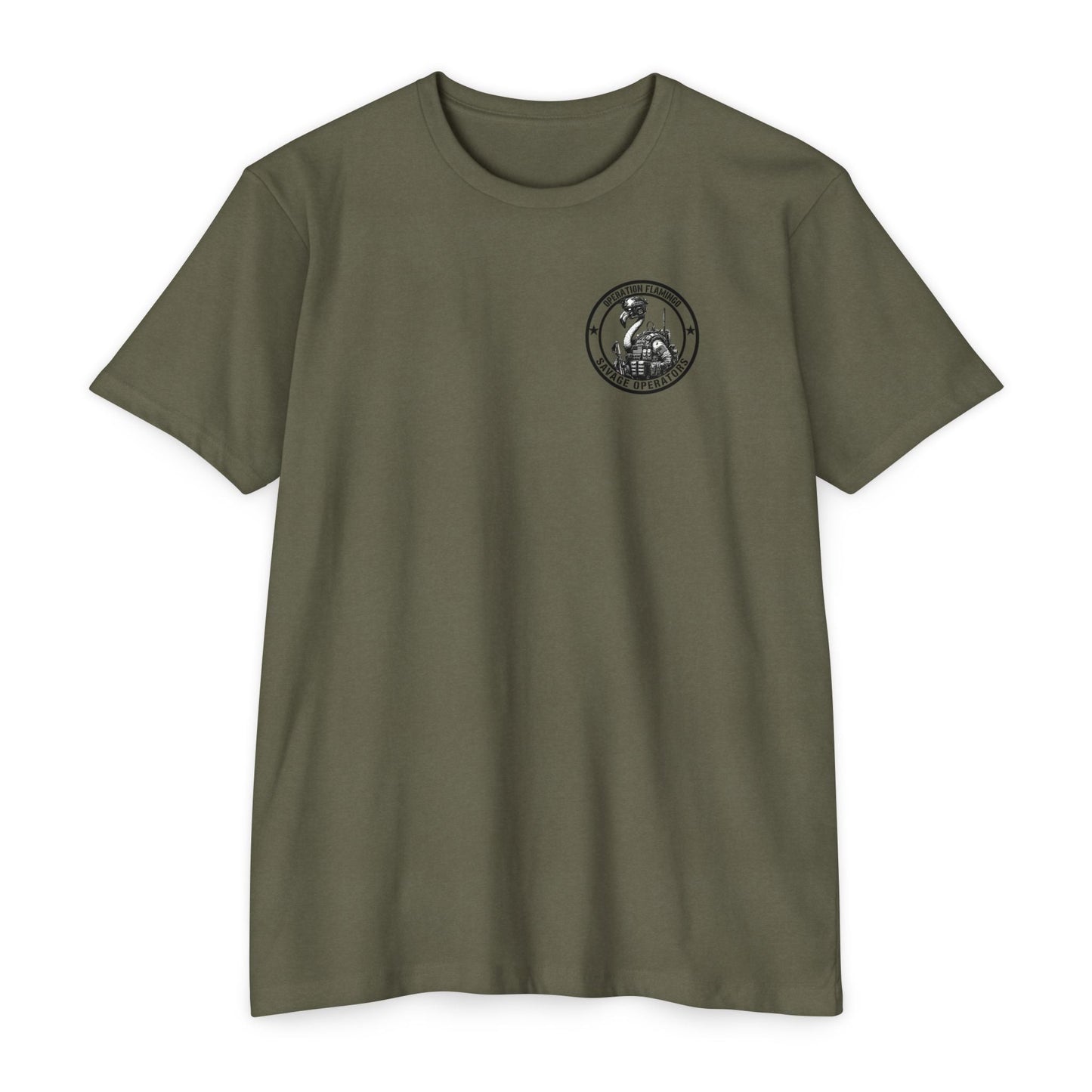Operation Flamingo 'Savage Operators' Graphic T-Shirt Back Print - Savage Operators Tactical Tee | T-Shirt | Savage Operators Clothing | Patriotic Apparel | Military Humor | High Quality Dark Heather Grey