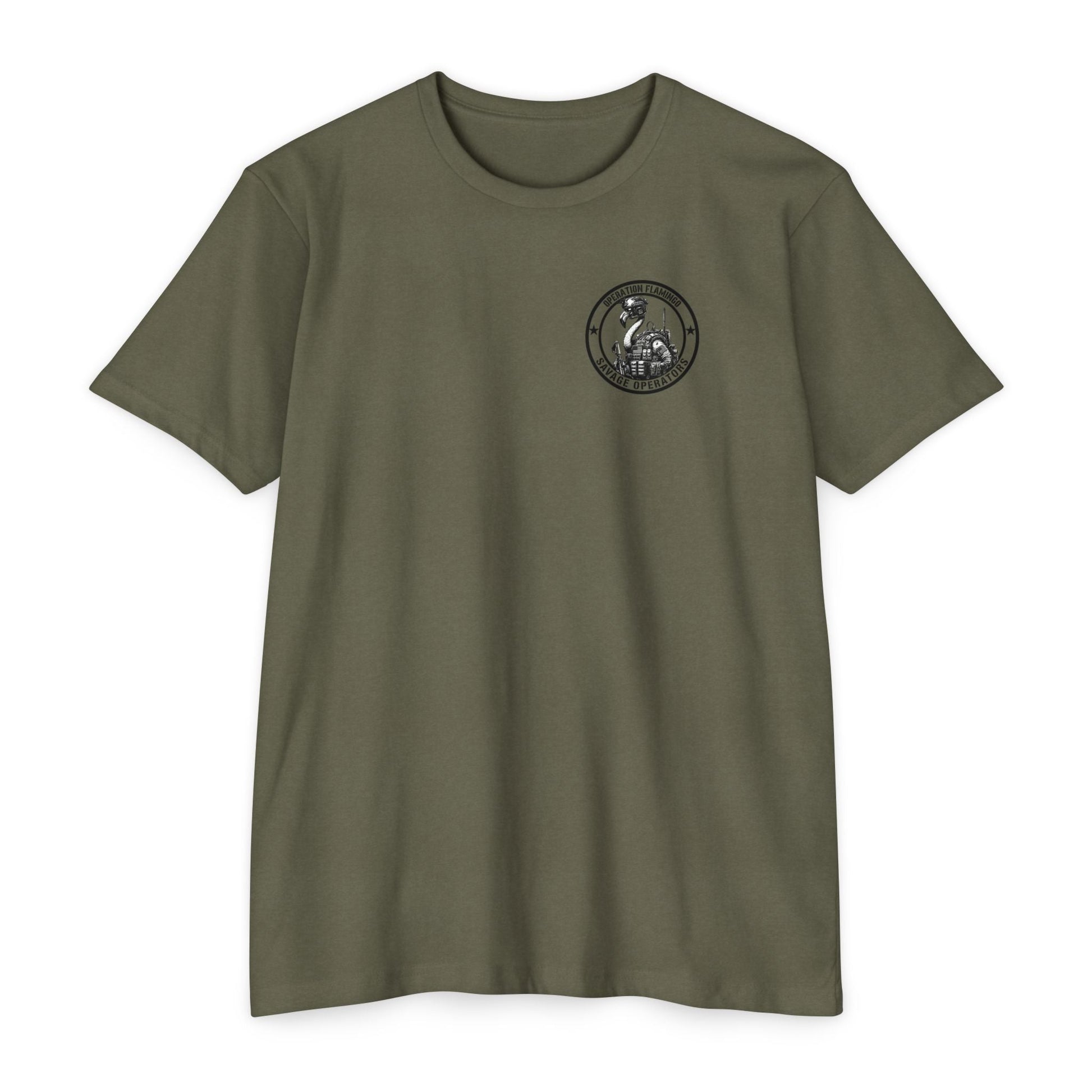 Operation Flamingo 'Savage Operators' Graphic T-Shirt Back Print - Savage Operators Tactical Tee | T-Shirt | Savage Operators Clothing | Patriotic Apparel | Military Humor | High Quality Dark Heather Grey