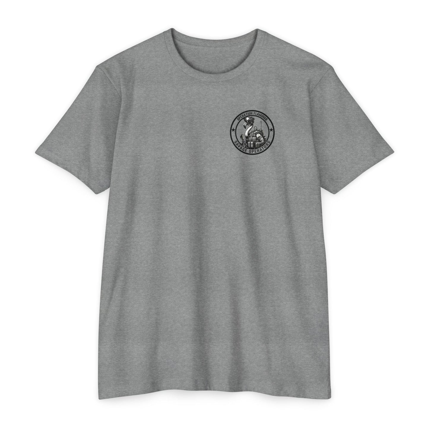 Operation Flamingo 'Savage Operators' Graphic T-Shirt Back Print - Savage Operators Tactical Tee | T-Shirt | Savage Operators Clothing | Patriotic Apparel | Military Humor | High Quality Dark Heather Grey