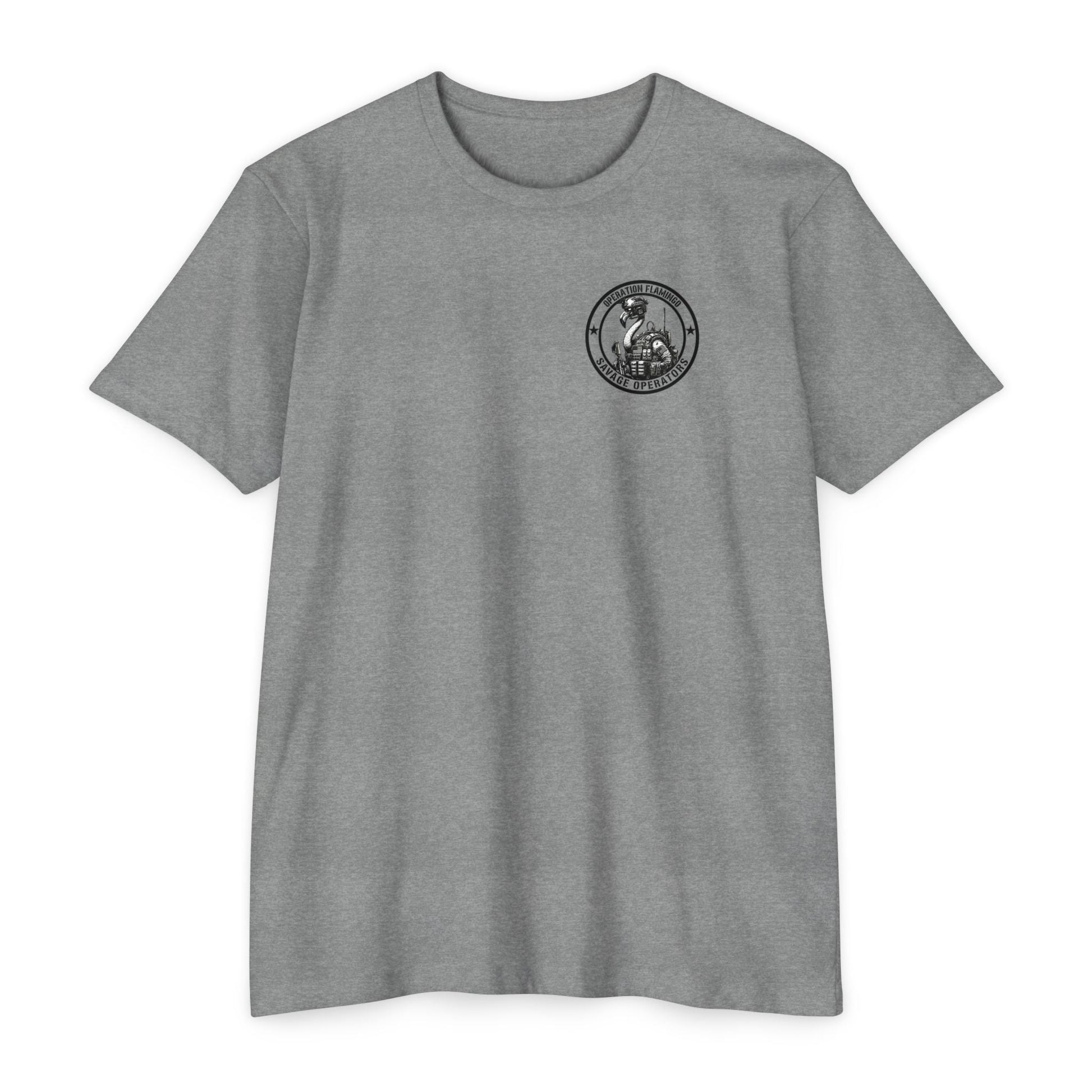 Operation Flamingo 'Savage Operators' Graphic T-Shirt Back Print - Savage Operators Tactical Tee | T-Shirt | Savage Operators Clothing | Patriotic Apparel | Military Humor | High Quality Dark Heather Grey
