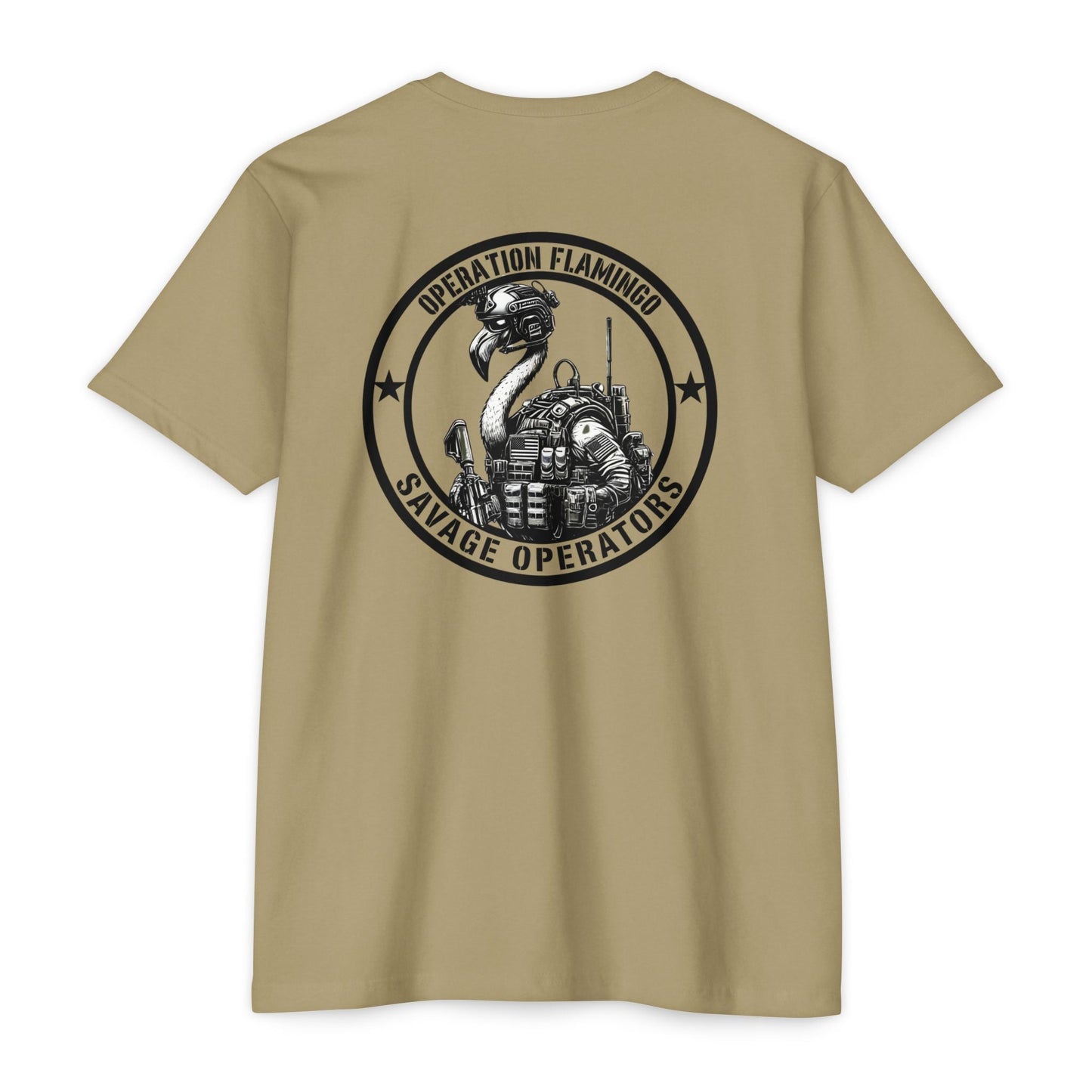 Operation Flamingo 'Savage Operators' Graphic T-Shirt Back Print - Savage Operators Tactical Tee | T-Shirt | Savage Operators Clothing | Patriotic Apparel | Military Humor | High Quality CVC Light Olive